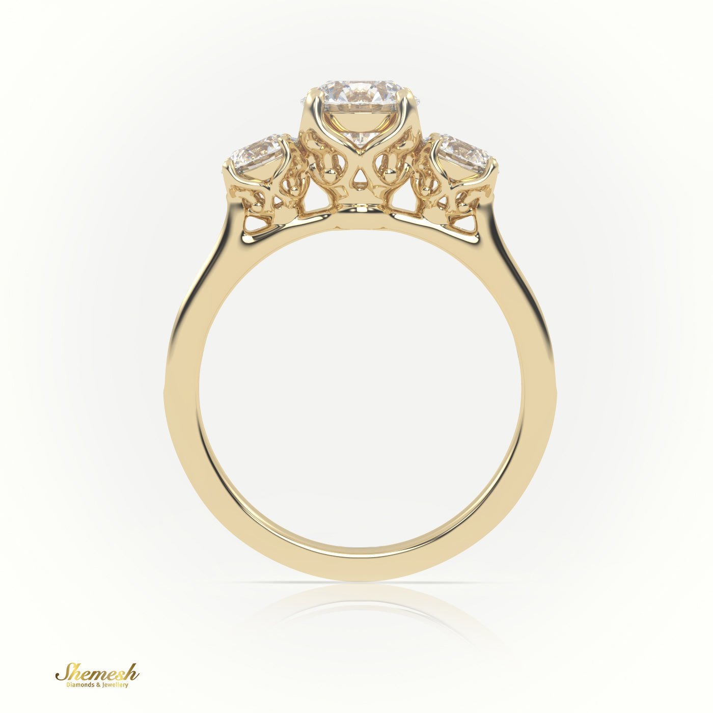 18K Gold 4 Prong Designer Shank Three Stone Diamond Engagement Ring with Pavé Band - shemesh_diamonds