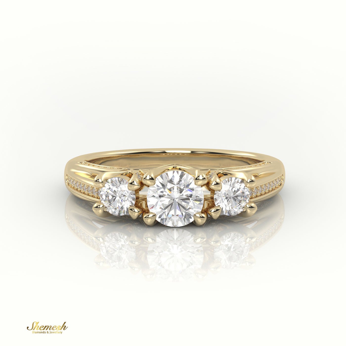 18K Gold 4 Prongs Round Cut Diamond Three Stone Designer Engagement Ring - shemesh_diamonds