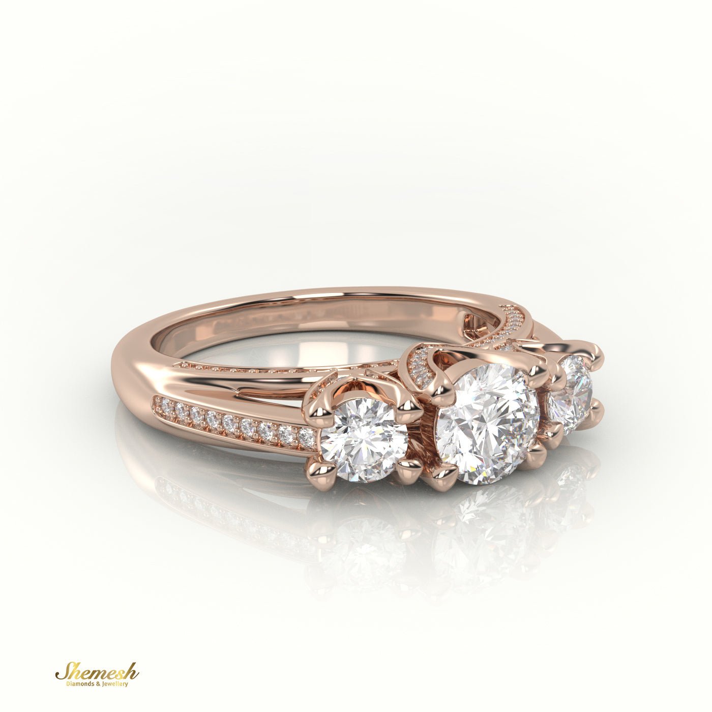 18K Gold 4 Prongs Round Cut Diamond Three Stone Designer Engagement Ring - shemesh_diamonds