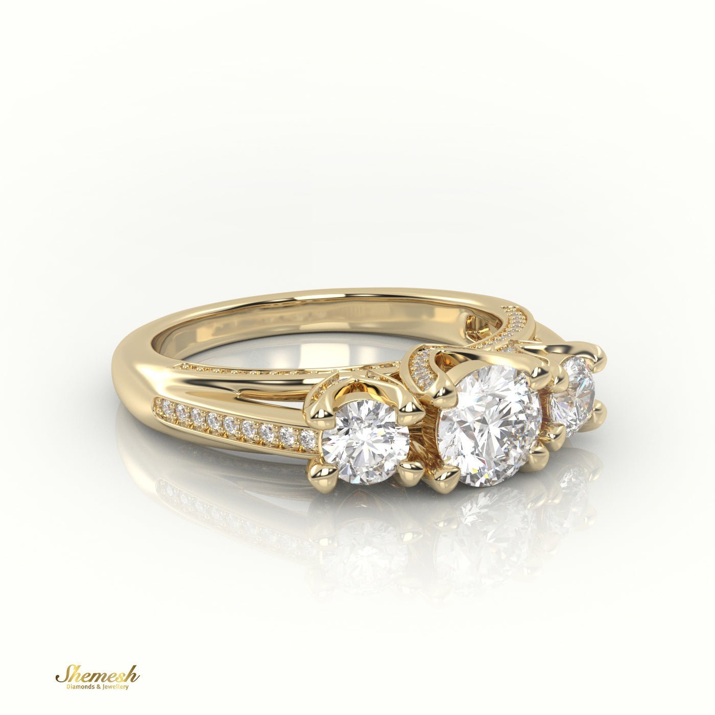 18K Gold 4 Prongs Round Cut Diamond Three Stone Designer Engagement Ring - shemesh_diamonds