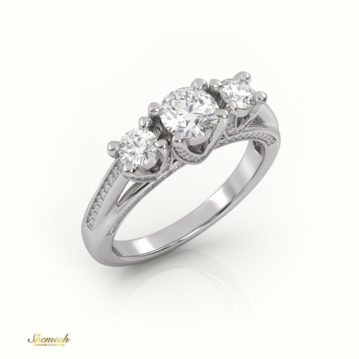 18K Gold 4 Prongs Round Cut Diamond Three Stone Designer Engagement Ring - shemesh_diamonds