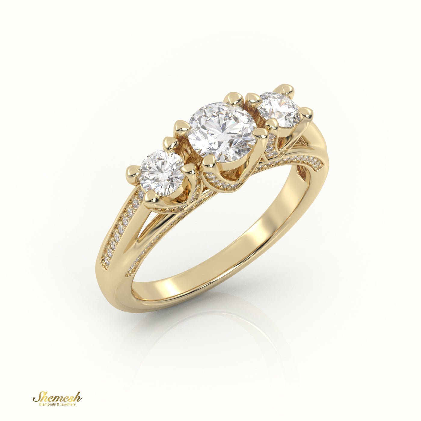 18K Gold 4 Prongs Round Cut Diamond Three Stone Designer Engagement Ring - shemesh_diamonds