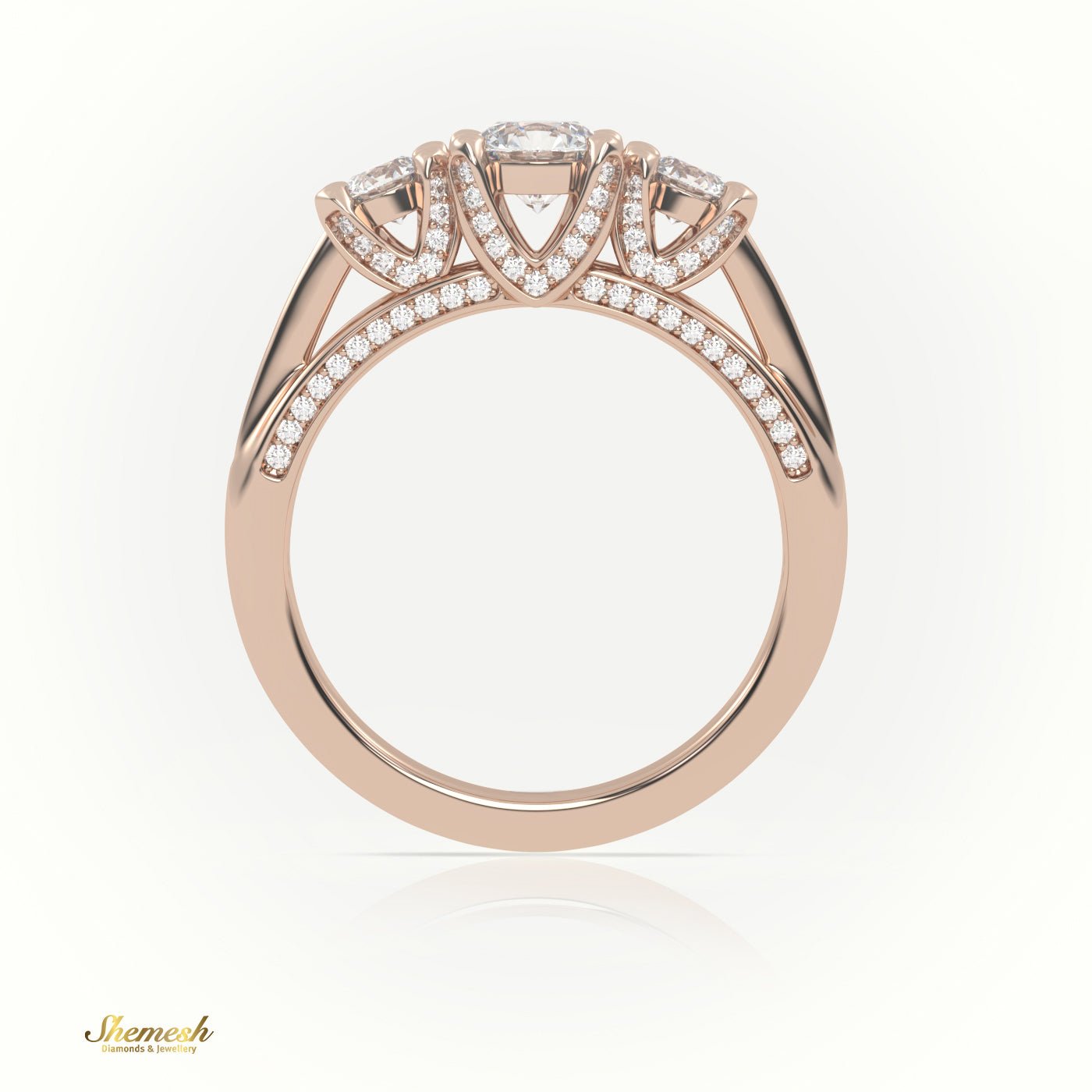 18K Gold 4 Prongs Round Cut Diamond Three Stone Designer Engagement Ring - shemesh_diamonds