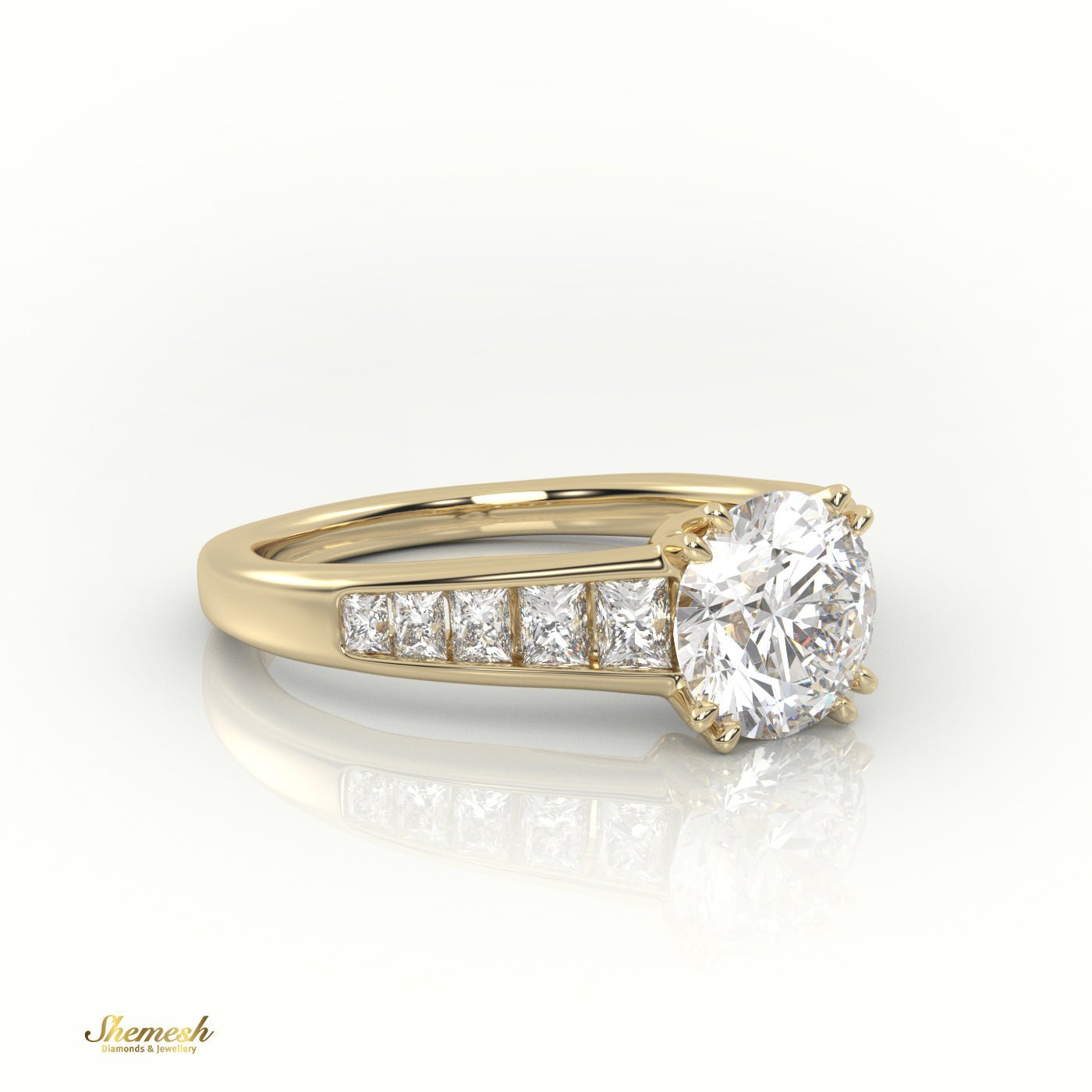 18K Gold 8 Claw Prongs Round Cut Diamond Engagement Ring with Princess Diamond Pave Band - shemesh_diamonds