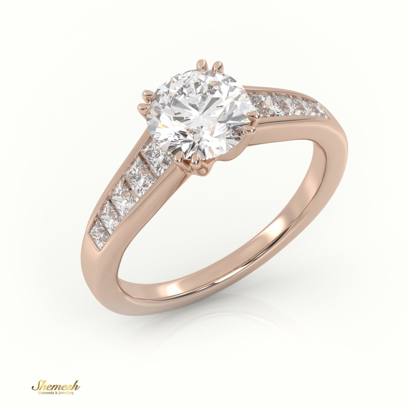 18K Gold 8 Claw Prongs Round Cut Diamond Engagement Ring with Princess Diamond Pave Band - shemesh_diamonds