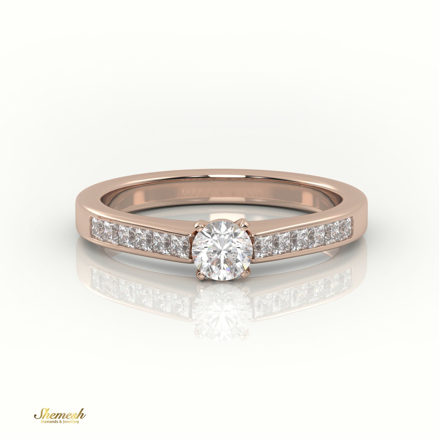 18K Gold 4 Tab Prongs Round Diamond Solitaire Engagement Ring with Princess diamond channel set Band - shemesh_diamonds