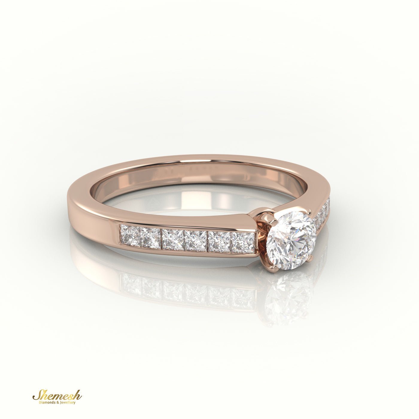 18K Gold 4 Tab Prongs Round Diamond Solitaire Engagement Ring with Princess diamond channel set Band - shemesh_diamonds