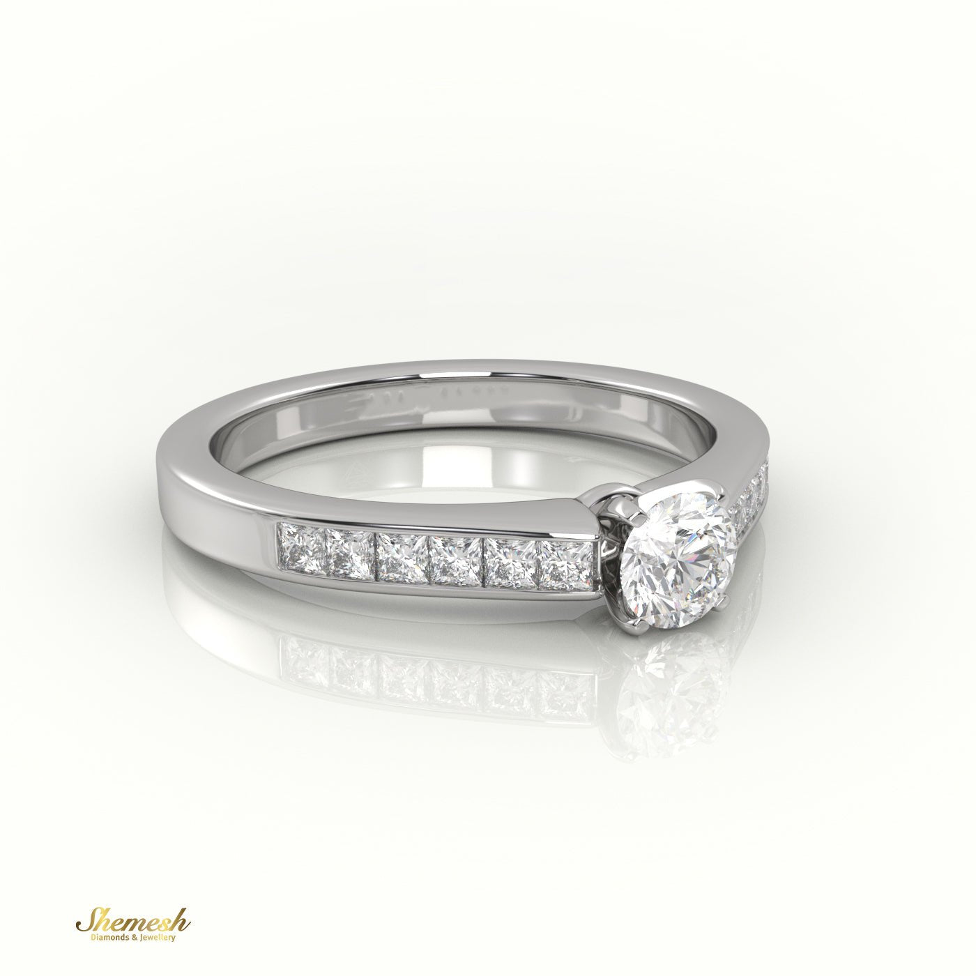 18K Gold 4 Tab Prongs Round Diamond Solitaire Engagement Ring with Princess diamond channel set Band - shemesh_diamonds