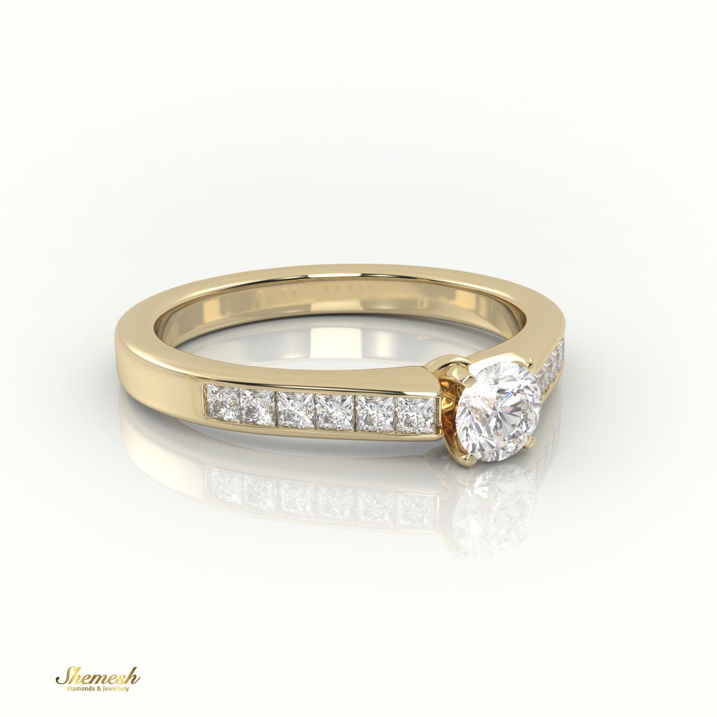 18K Gold 4 Tab Prongs Round Diamond Solitaire Engagement Ring with Princess diamond channel set Band - shemesh_diamonds