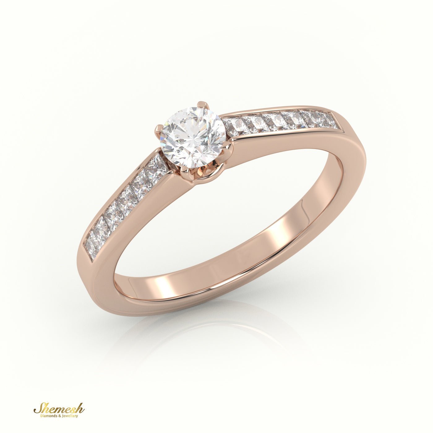 18K Gold 4 Tab Prongs Round Diamond Solitaire Engagement Ring with Princess diamond channel set Band - shemesh_diamonds