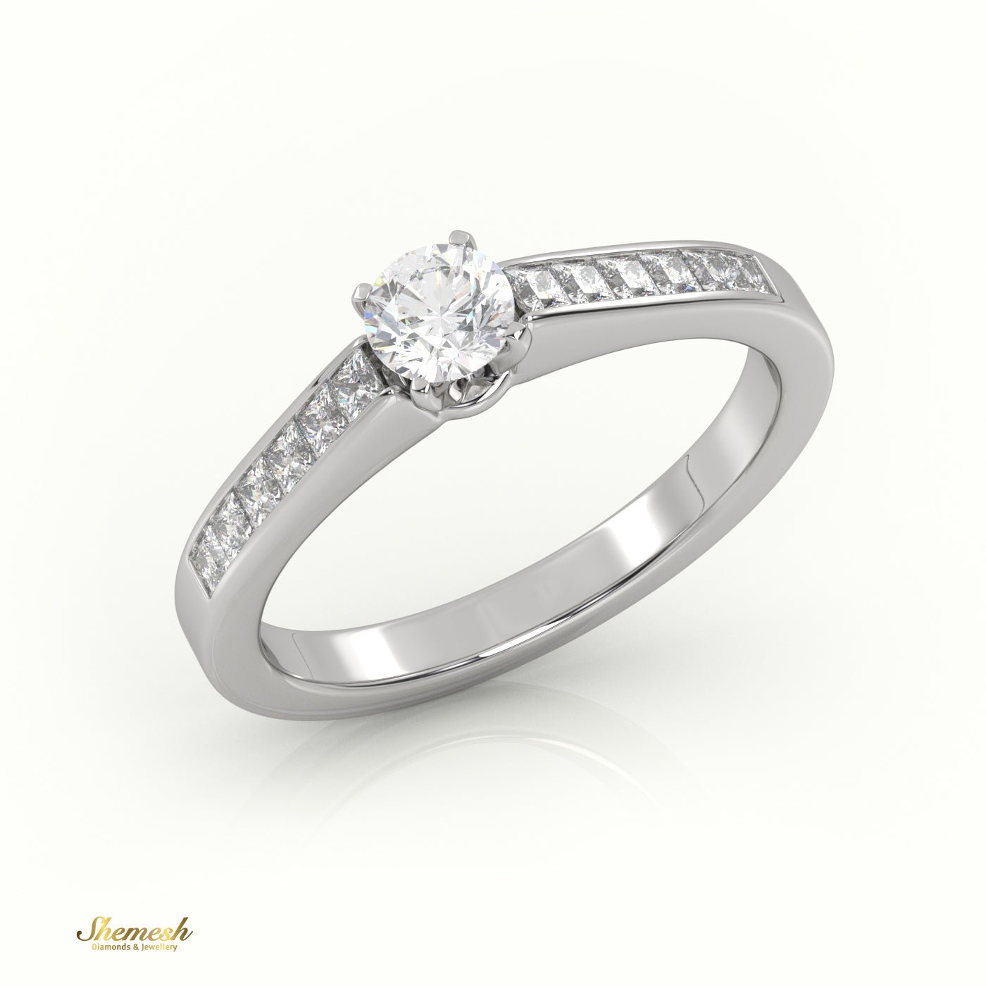 18K Gold 4 Tab Prongs Round Diamond Solitaire Engagement Ring with Princess diamond channel set Band - shemesh_diamonds