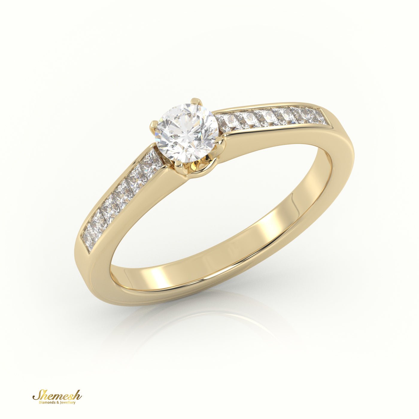 18K Gold 4 Tab Prongs Round Diamond Solitaire Engagement Ring with Princess diamond channel set Band - shemesh_diamonds