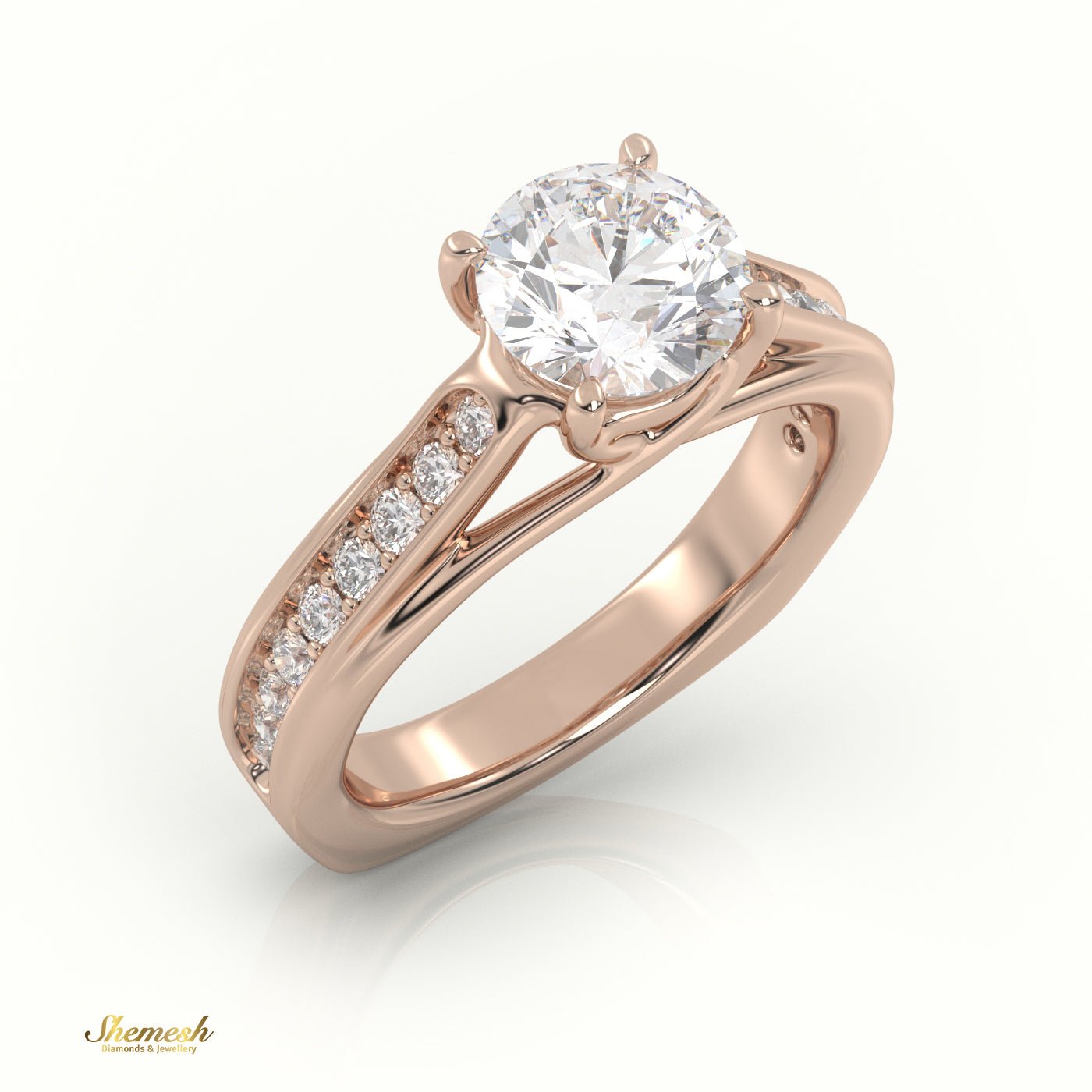 18K Gold 4 Prongs Round Cut Diamond Solitaire Engagement Ring and Channel Setting Band - shemesh_diamonds