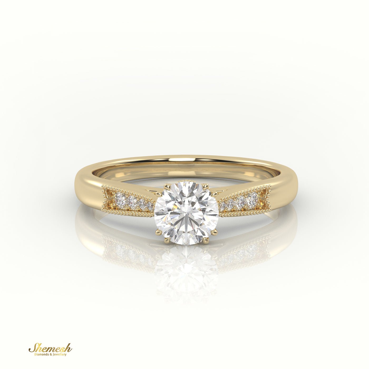 18K Gold 8 Claw Prongs Round Cut Diamond Solitaire Engagement Ring with Pave Milgrain Design - shemesh_diamonds