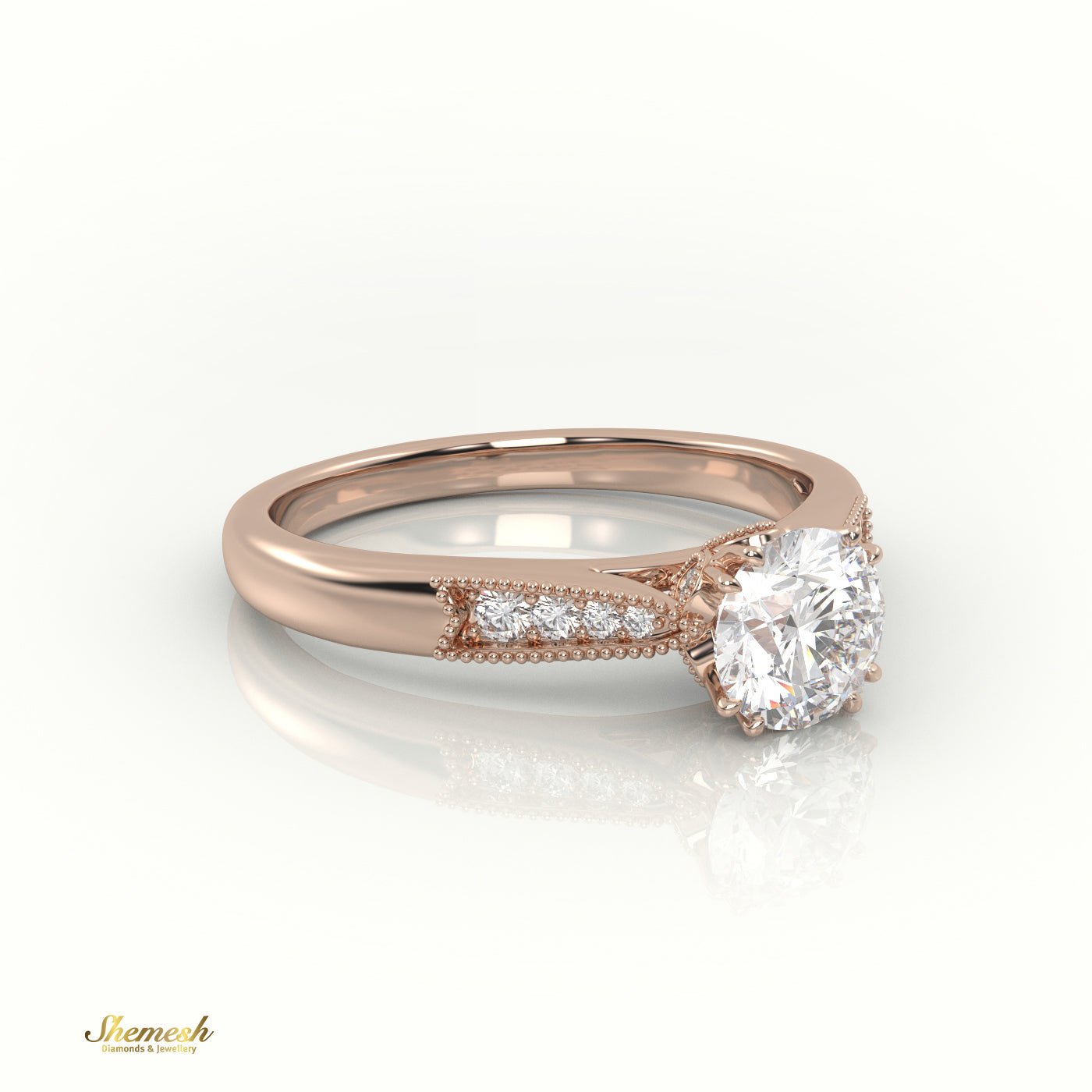 18K Gold 8 Claw Prongs Round Cut Diamond Solitaire Engagement Ring with Pave Milgrain Design - shemesh_diamonds