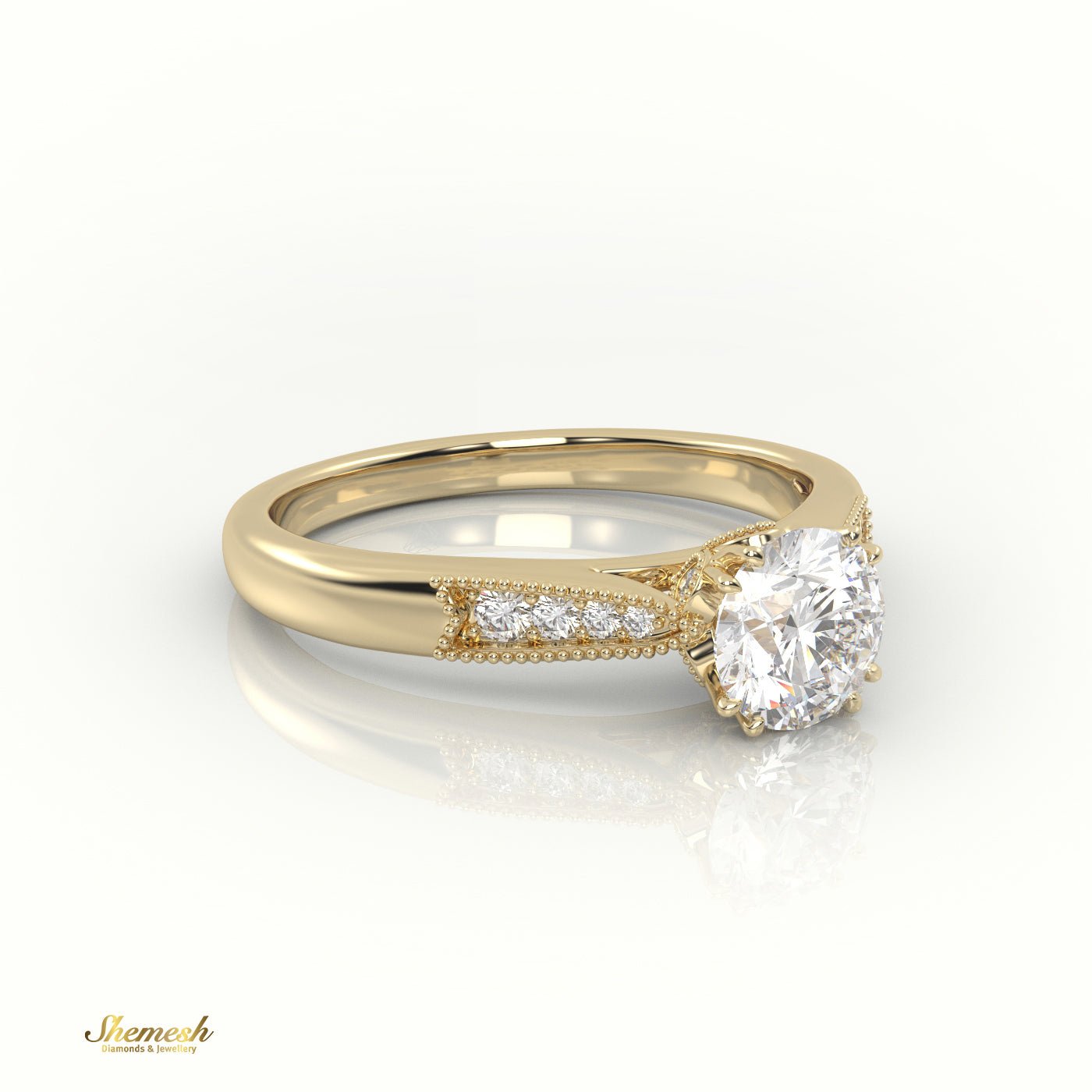 18K Gold 8 Claw Prongs Round Cut Diamond Solitaire Engagement Ring with Pave Milgrain Design - shemesh_diamonds