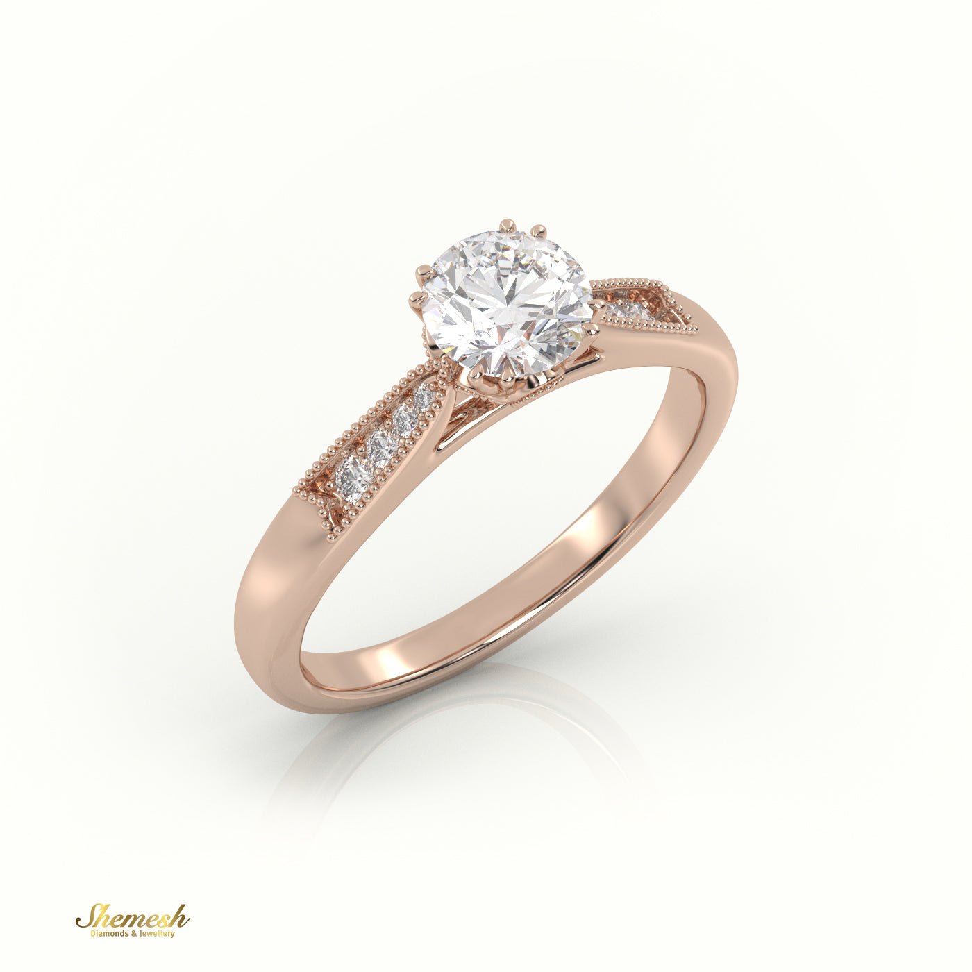 18K Gold 8 Claw Prongs Round Cut Diamond Solitaire Engagement Ring with Pave Milgrain Design - shemesh_diamonds