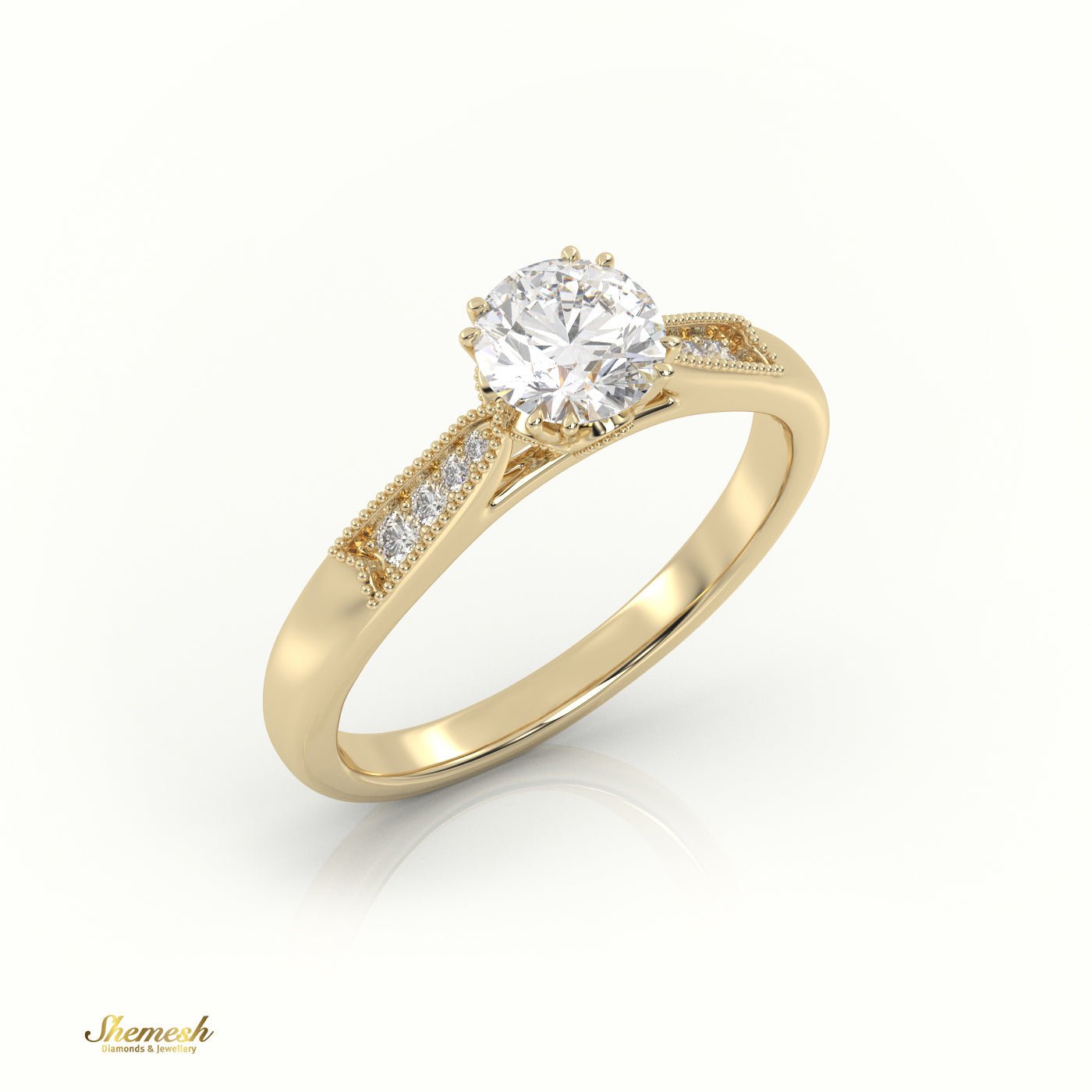 18K Gold 8 Claw Prongs Round Cut Diamond Solitaire Engagement Ring with Pave Milgrain Design - shemesh_diamonds