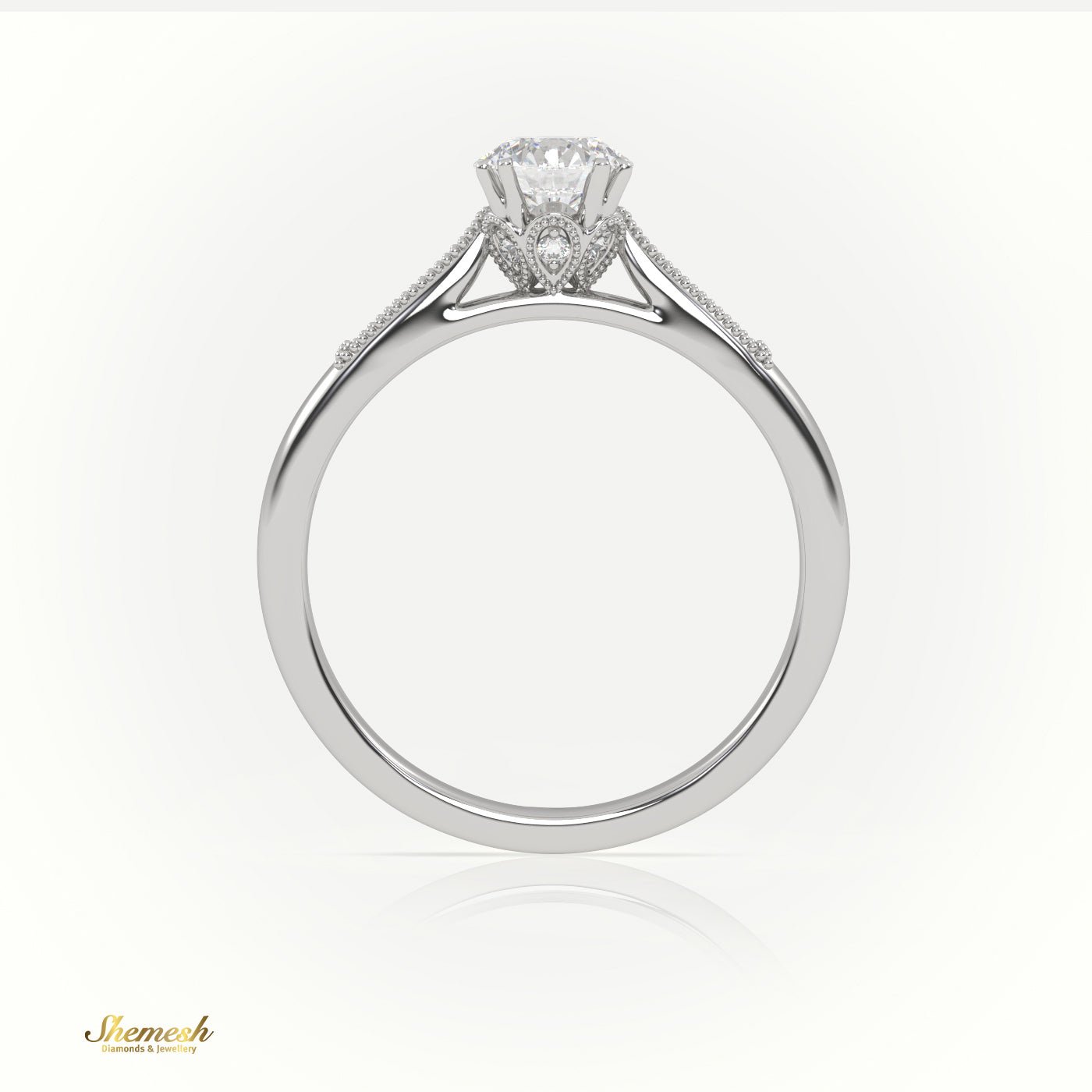 18K Gold 8 Claw Prongs Round Cut Diamond Solitaire Engagement Ring with Pave Milgrain Design - shemesh_diamonds