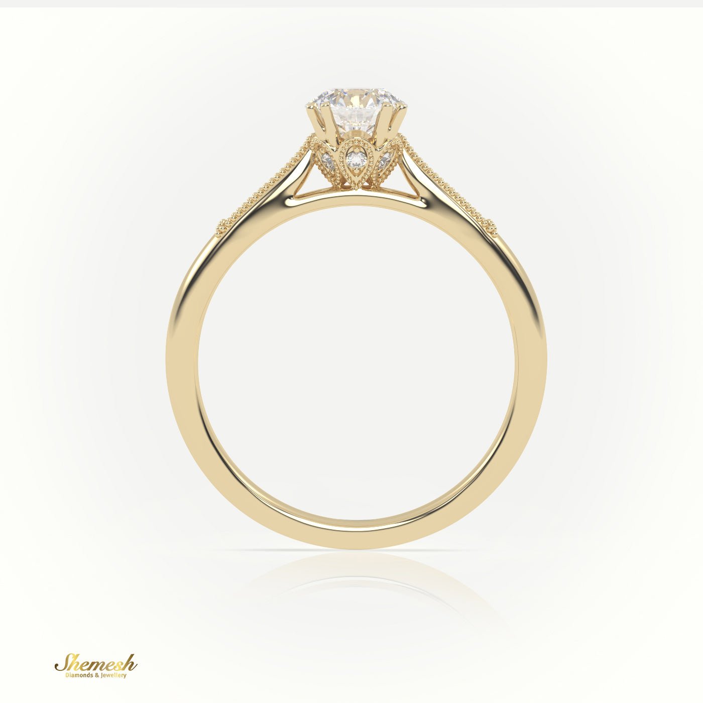 18K Gold 8 Claw Prongs Round Cut Diamond Solitaire Engagement Ring with Pave Milgrain Design - shemesh_diamonds