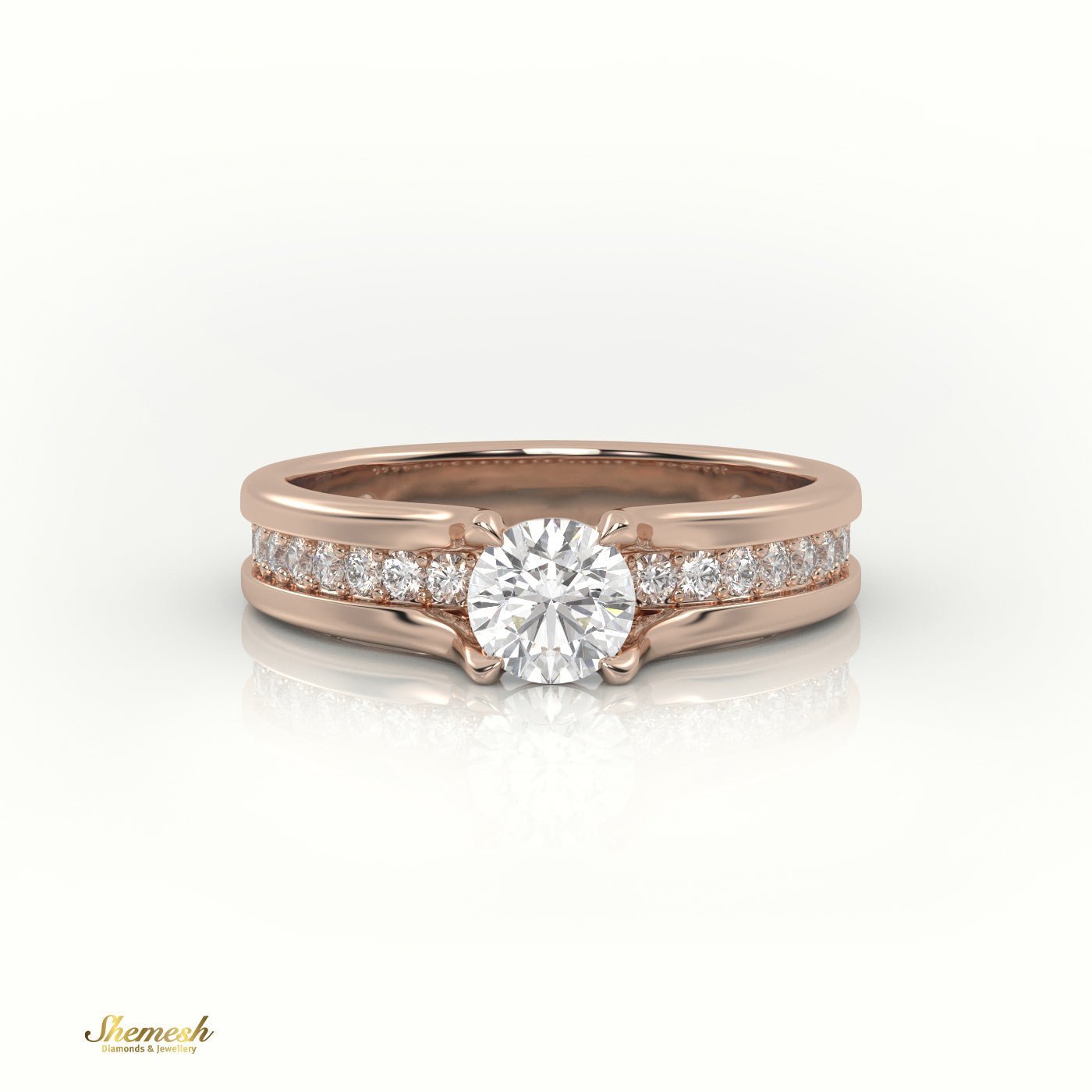 18K Gold 4 Prongs Round Cut Diamond Solitaire Engagement Ring with Channel Setting Band - shemesh_diamonds