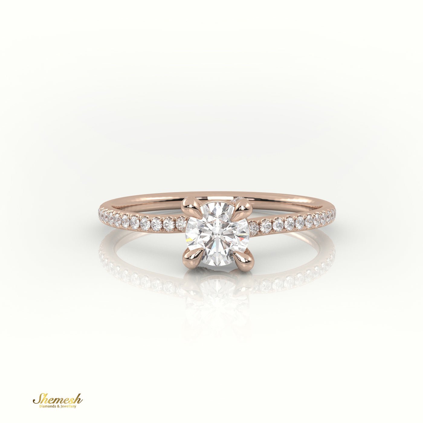 18K Gold 4 Prongs Round Cut Diamond Solitaire Engagement Ring with Pave Set Band - shemesh_diamonds