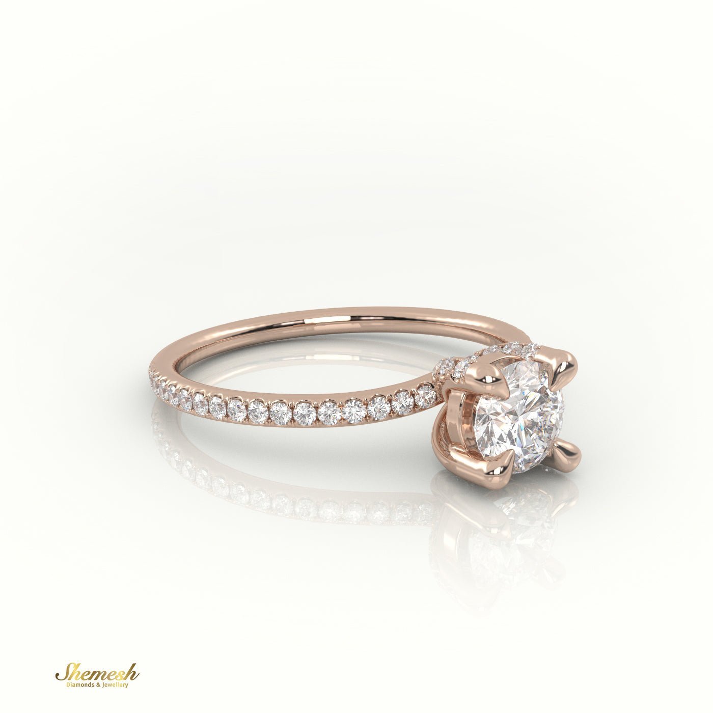 18K Gold 4 Prongs Round Cut Diamond Solitaire Engagement Ring with Pave Set Band - shemesh_diamonds