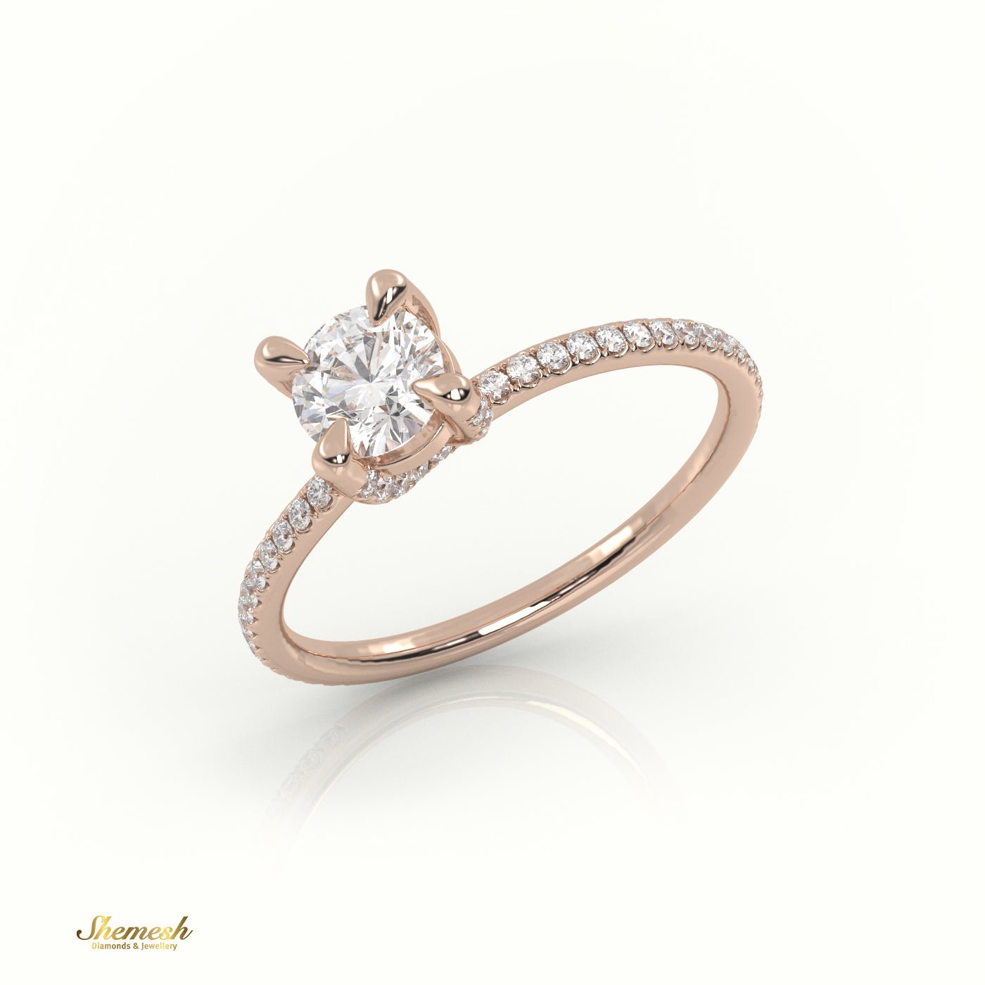 18K Gold 4 Prongs Round Cut Diamond Solitaire Engagement Ring with Pave Set Band - shemesh_diamonds