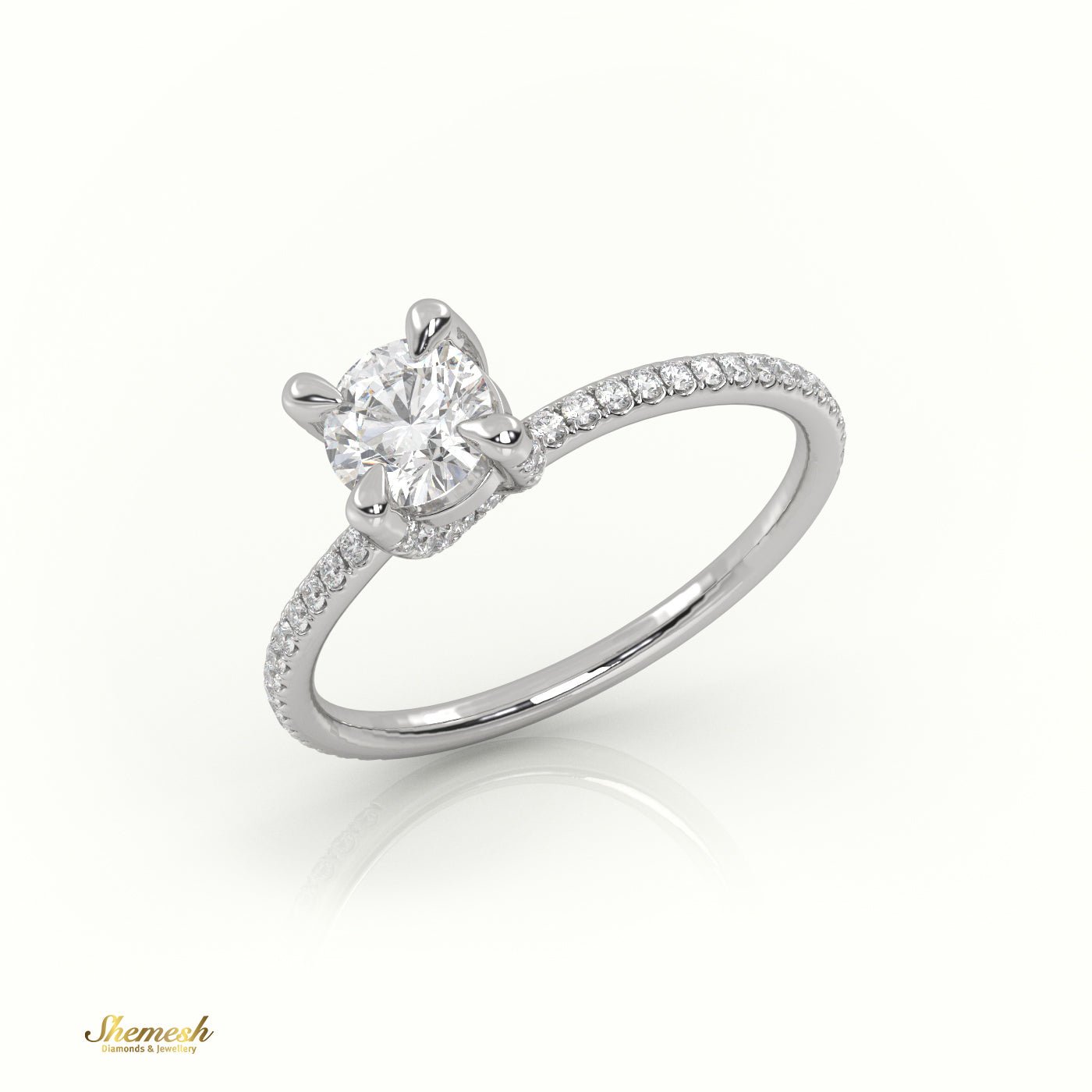 18K Gold 4 Prongs Round Cut Diamond Solitaire Engagement Ring with Pave Set Band - shemesh_diamonds