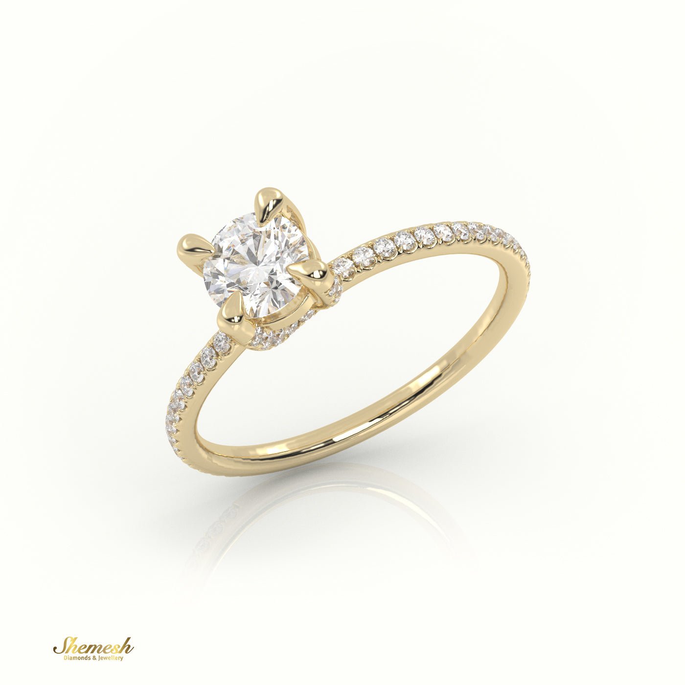 18K Gold 4 Prongs Round Cut Diamond Solitaire Engagement Ring with Pave Set Band - shemesh_diamonds