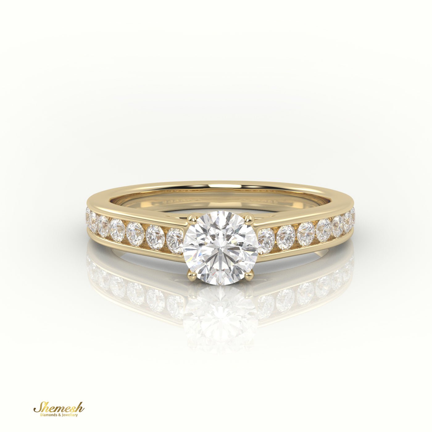 18K Gold 4 Prongs Round Cut Diamond Engagement Ring with Channel Setting Band & Designer Gallery Rail. - shemesh_diamonds