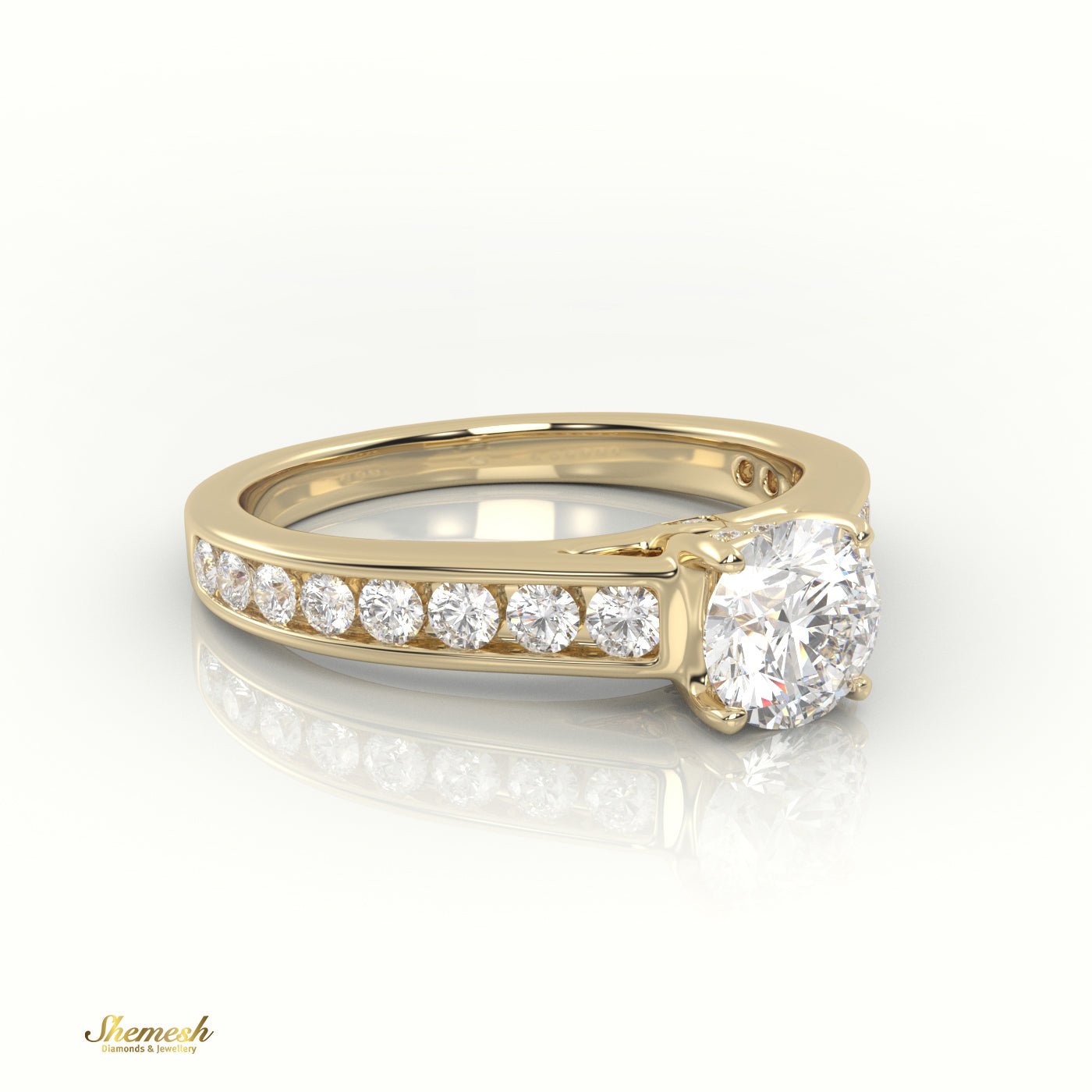 18K Gold 4 Prongs Round Cut Diamond Engagement Ring with Channel Setting Band & Designer Gallery Rail. - shemesh_diamonds