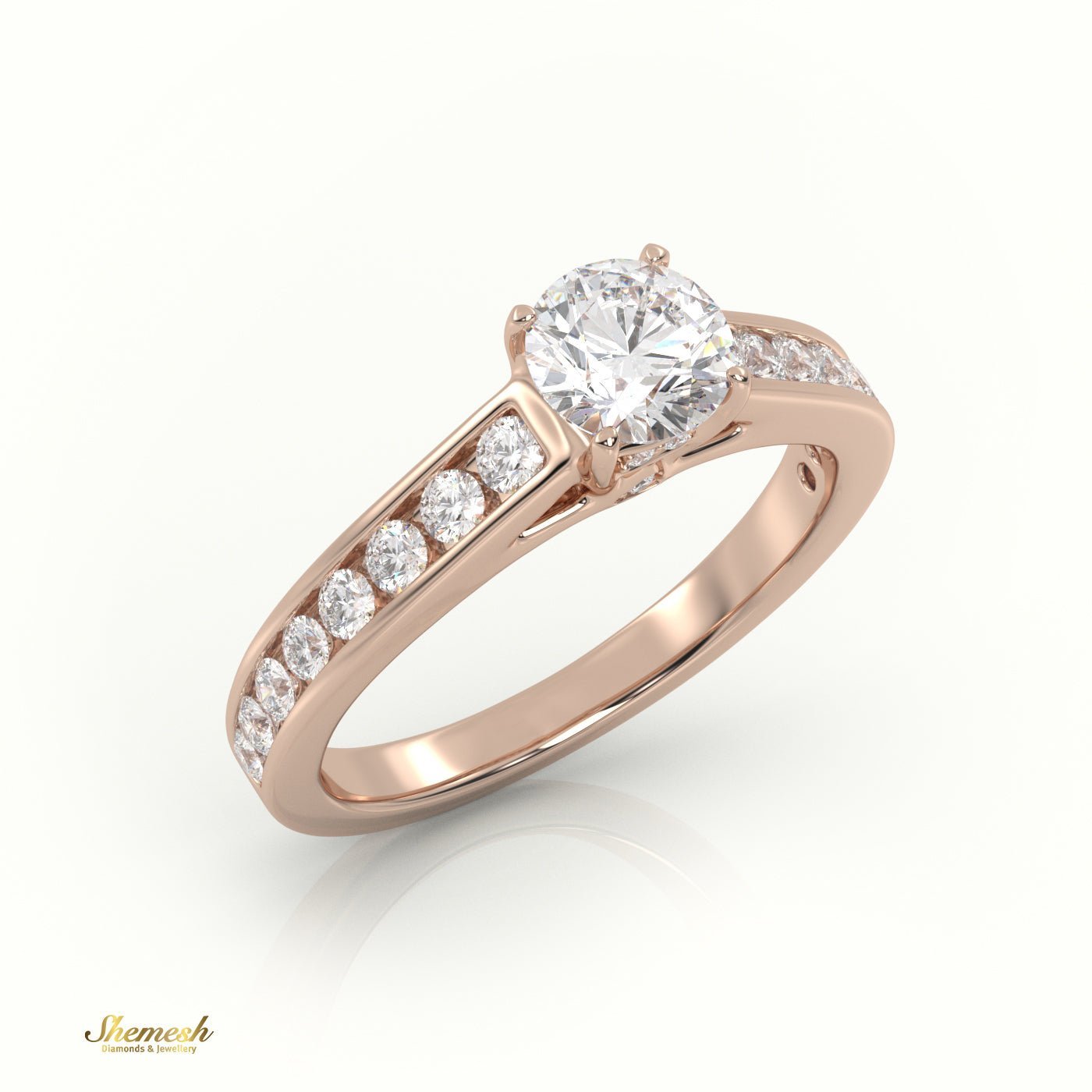 18K Gold 4 Prongs Round Cut Diamond Engagement Ring with Channel Setting Band & Designer Gallery Rail. - shemesh_diamonds