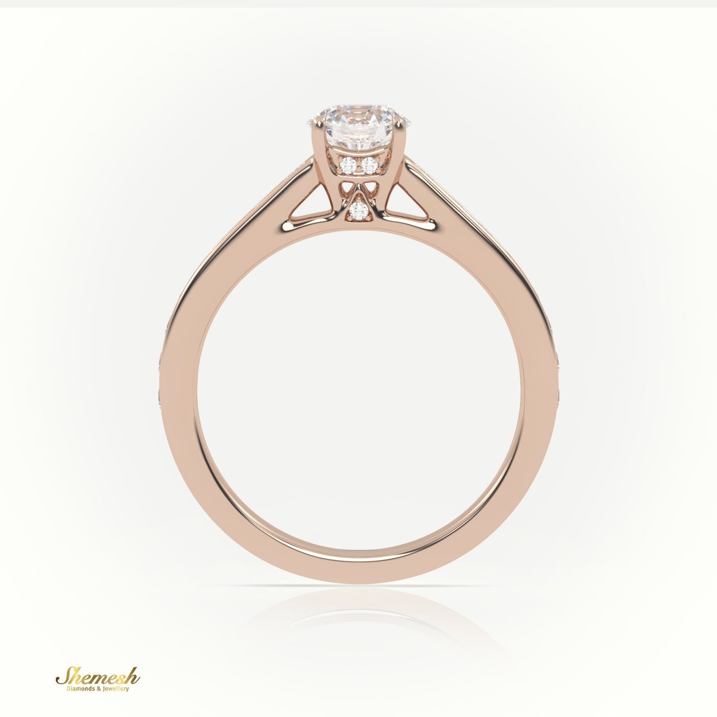 18K Gold 4 Prongs Round Cut Diamond Engagement Ring with Channel Setting Band & Designer Gallery Rail. - shemesh_diamonds