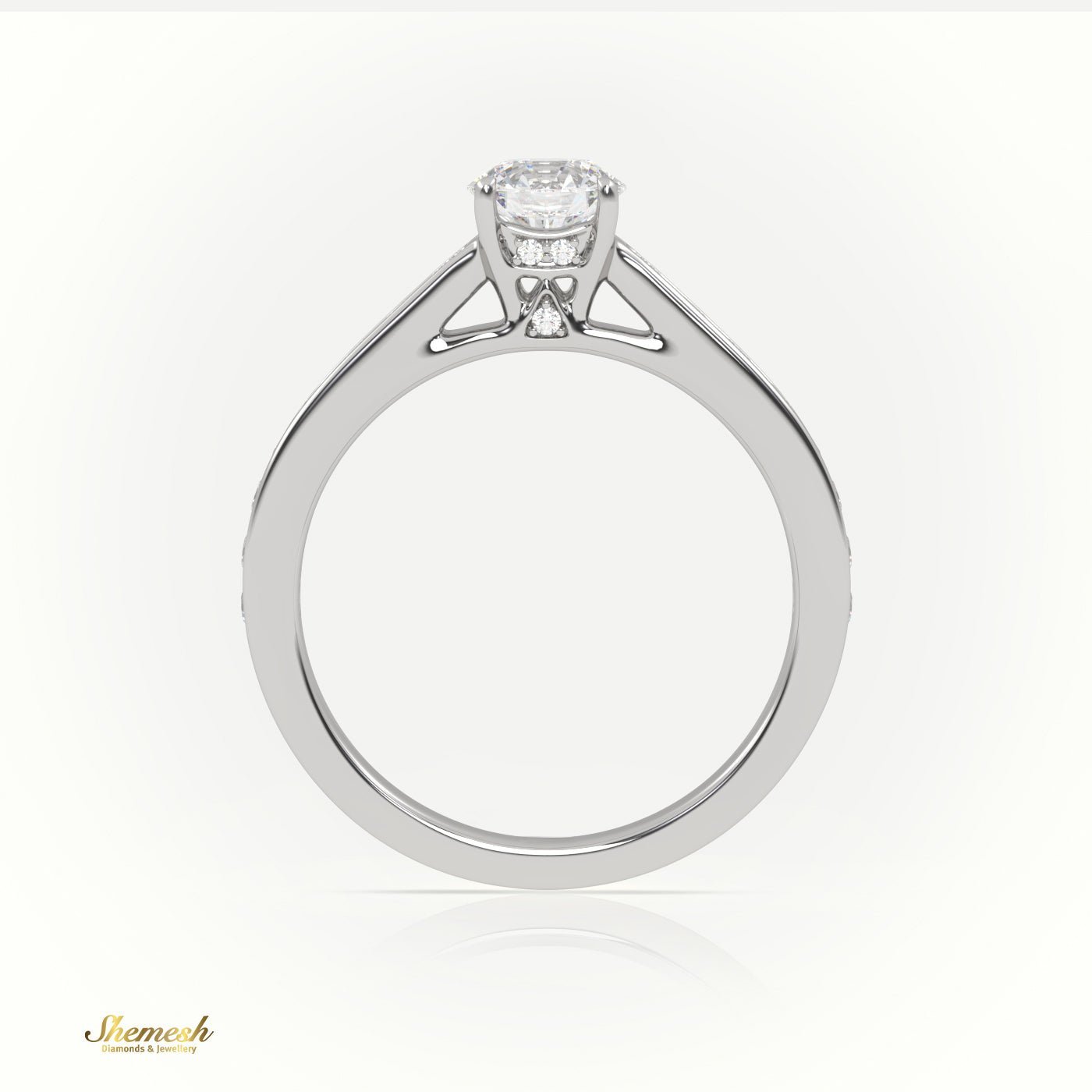 18K Gold 4 Prongs Round Cut Diamond Engagement Ring with Channel Setting Band & Designer Gallery Rail. - shemesh_diamonds