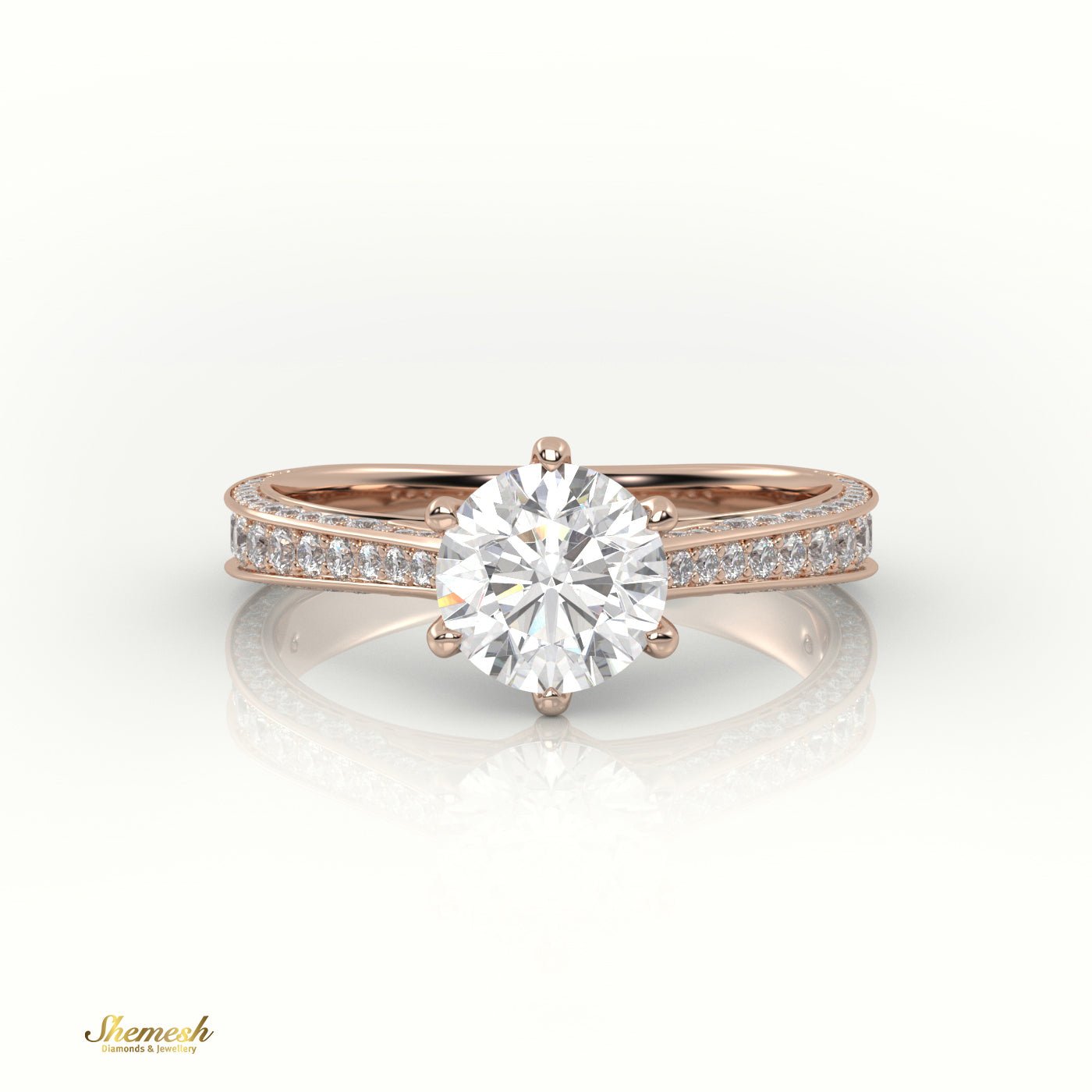 18K Gold Round Cut Diamond Engagement Ring with 6 Prongs and Double Row Channel Setting - shemesh_diamonds