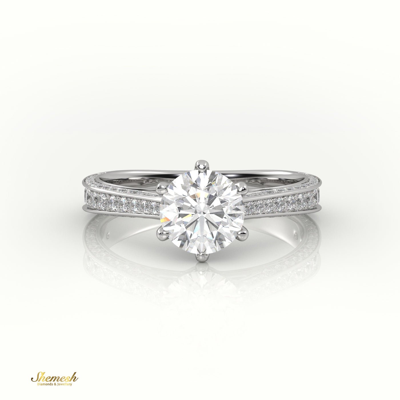 18K Gold Round Cut Diamond Engagement Ring with 6 Prongs and Double Row Channel Setting - shemesh_diamonds