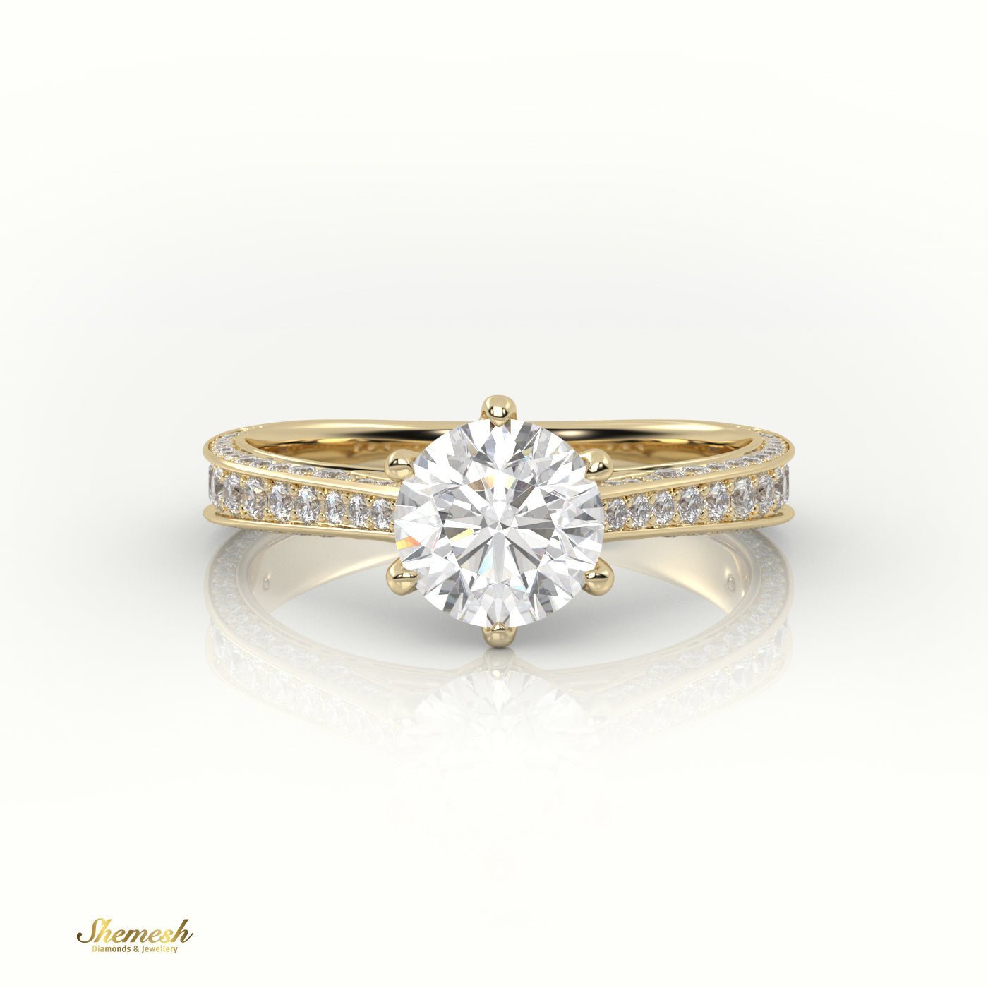 18K Gold Round Cut Diamond Engagement Ring with 6 Prongs and Double Row Channel Setting - shemesh_diamonds