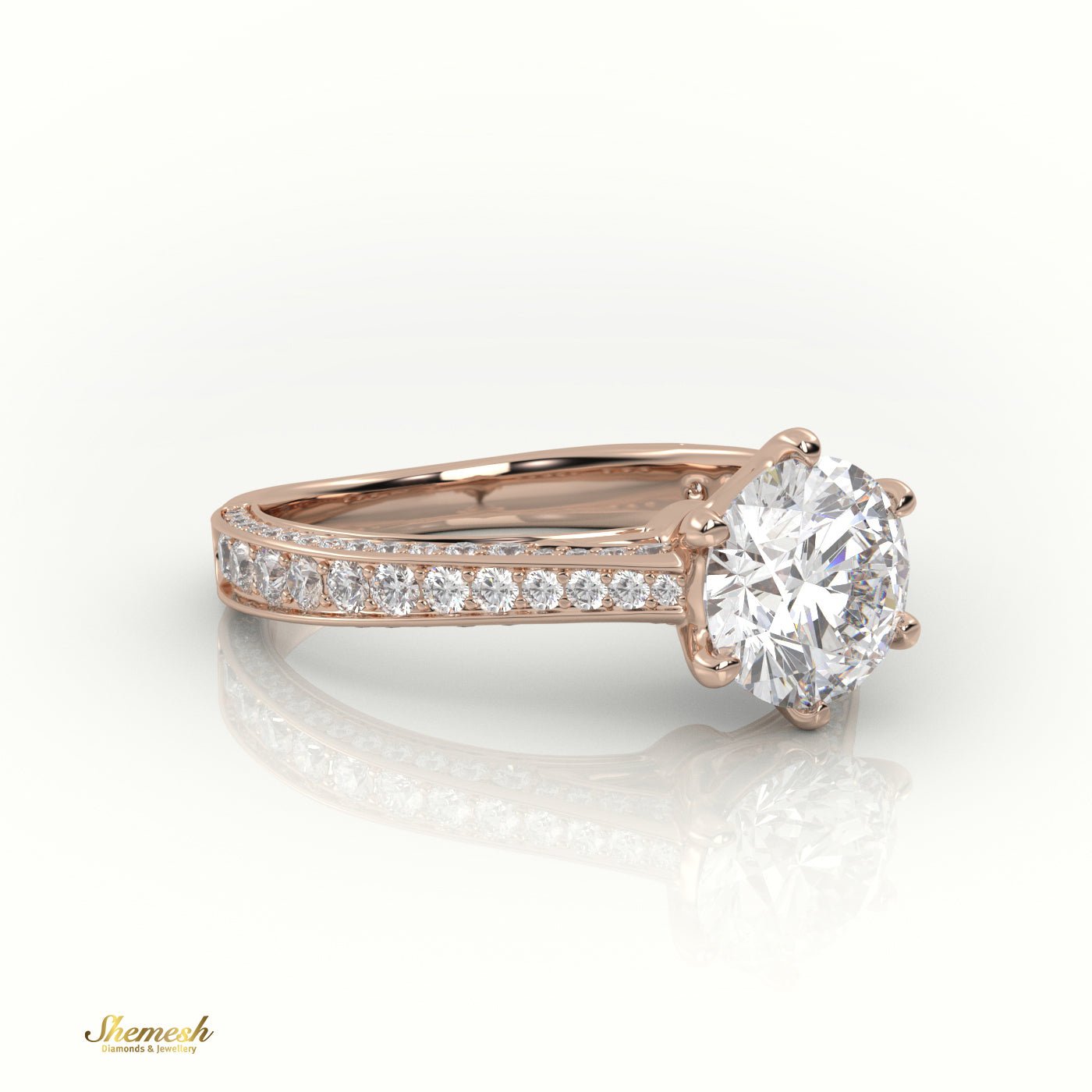 18K Gold Round Cut Diamond Engagement Ring with 6 Prongs and Double Row Channel Setting - shemesh_diamonds