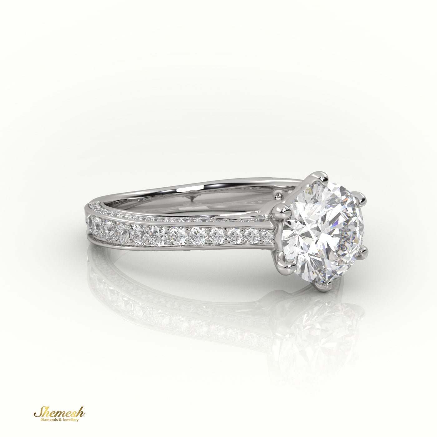 18K Gold Round Cut Diamond Engagement Ring with 6 Prongs and Double Row Channel Setting - shemesh_diamonds