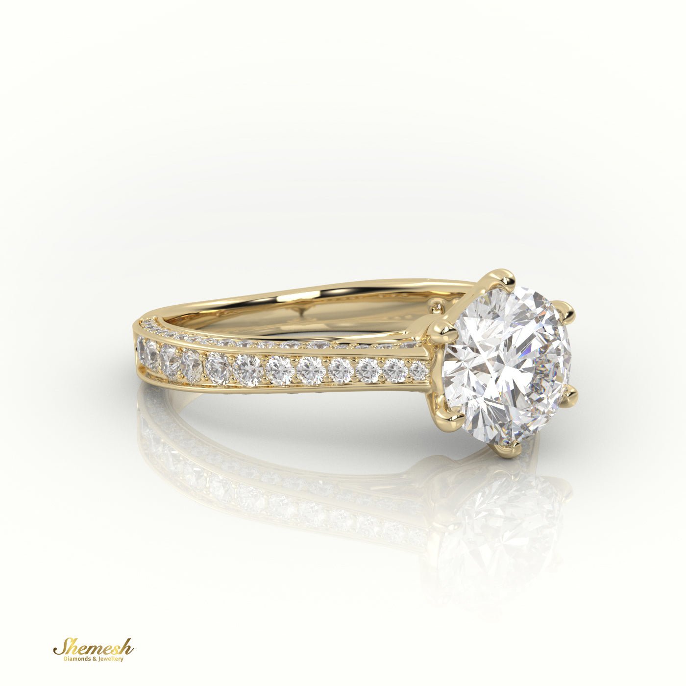 18K Gold Round Cut Diamond Engagement Ring with 6 Prongs and Double Row Channel Setting - shemesh_diamonds