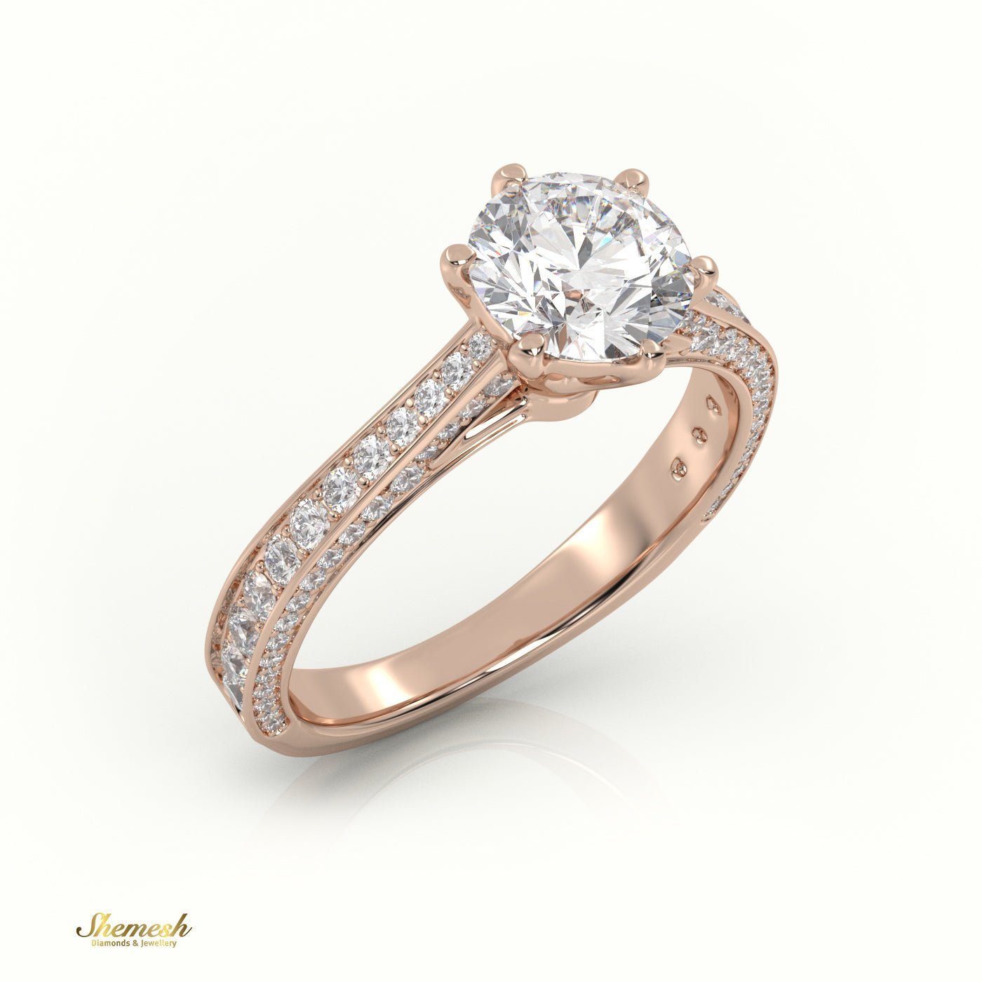 18K Gold Round Cut Diamond Engagement Ring with 6 Prongs and Double Row Channel Setting - shemesh_diamonds