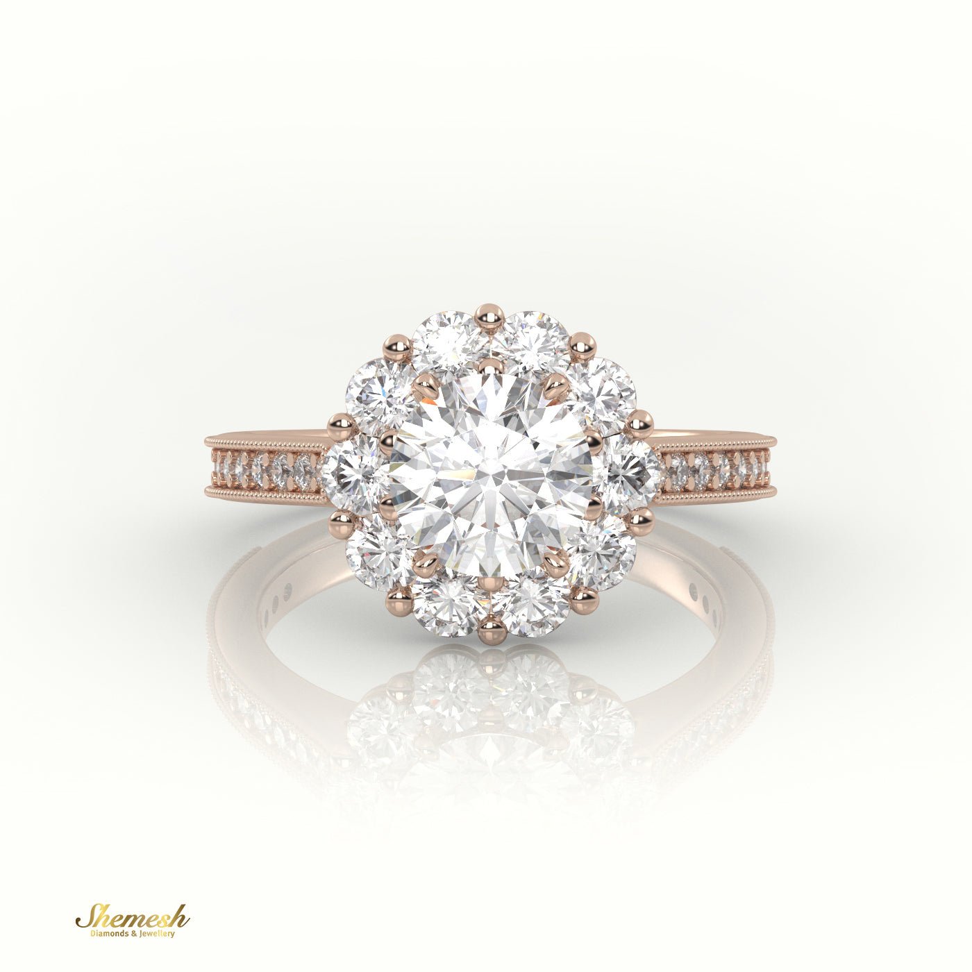 18K Gold Round Cut Diamond Floral Halo Engagement Ring with Milgrain Detail - shemesh_diamonds