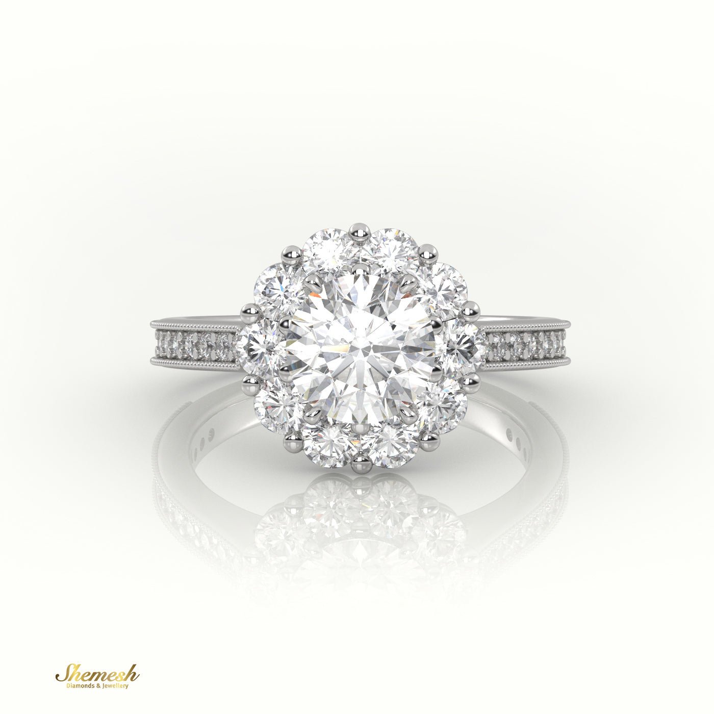 18K Gold Round Cut Diamond Floral Halo Engagement Ring with Milgrain Detail - shemesh_diamonds