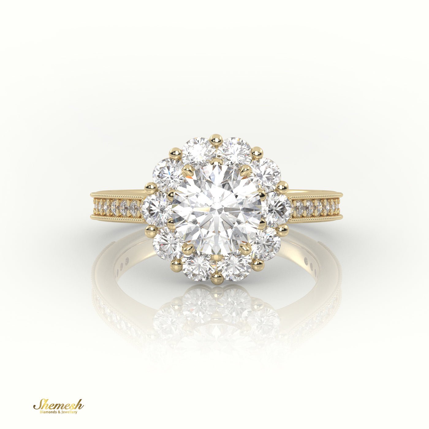 18K Gold Round Cut Diamond Floral Halo Engagement Ring with Milgrain Detail - shemesh_diamonds