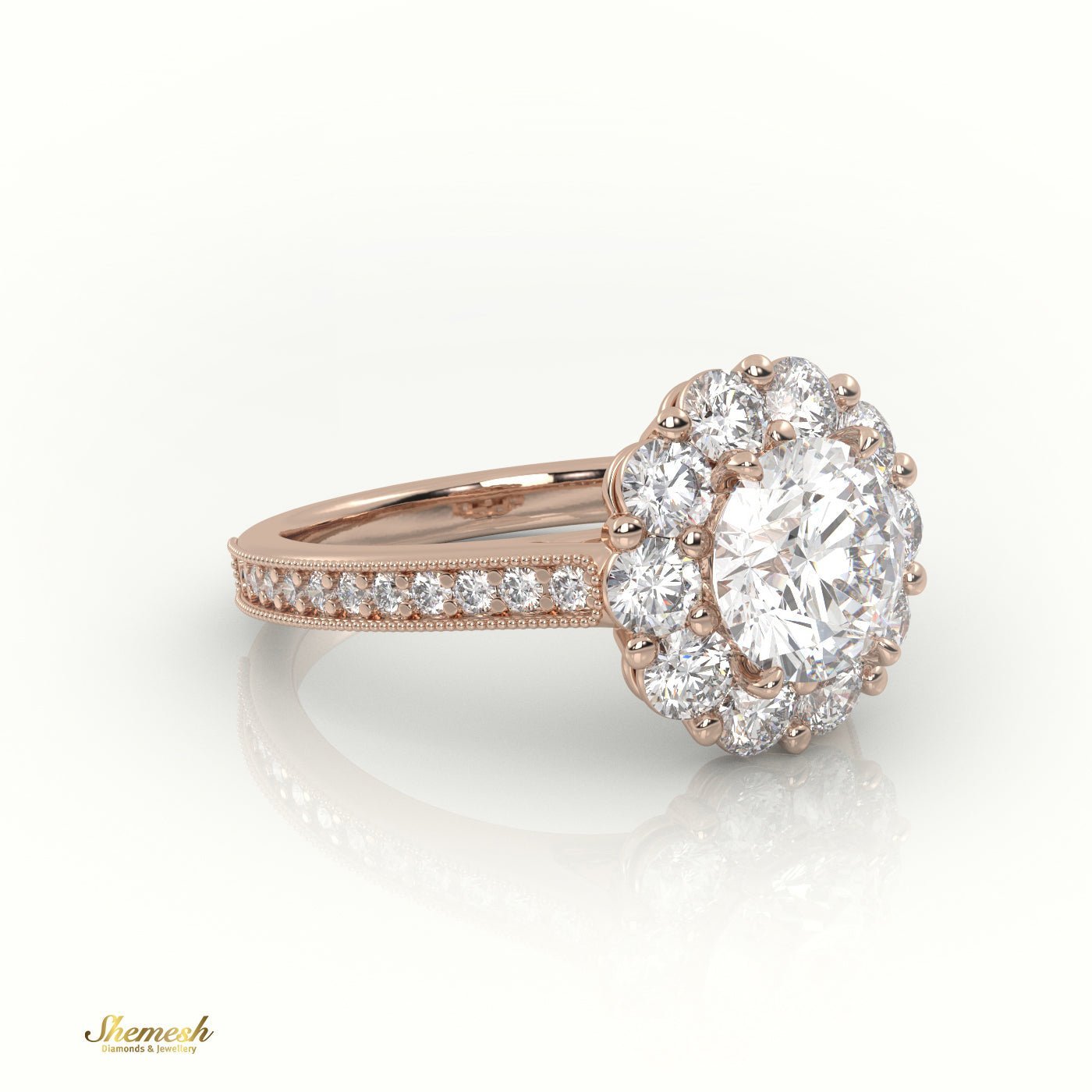 18K Gold Round Cut Diamond Floral Halo Engagement Ring with Milgrain Detail - shemesh_diamonds