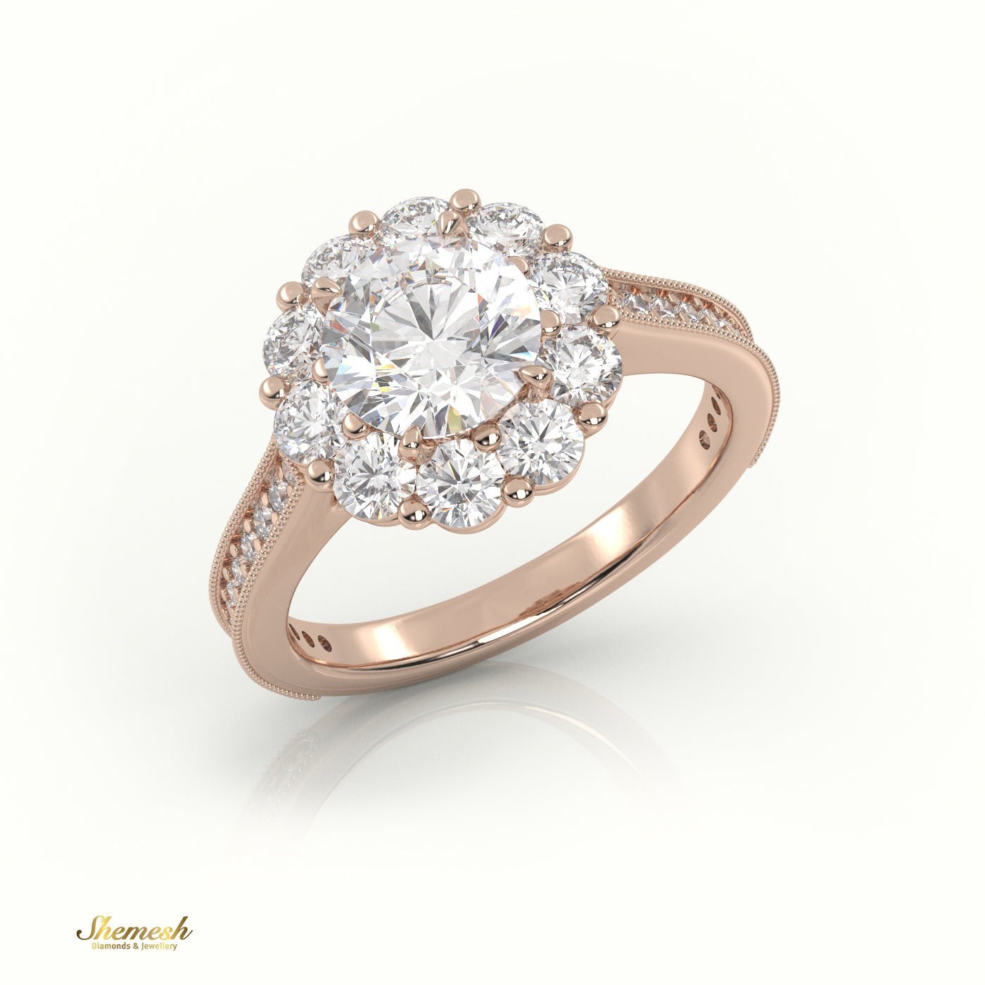 18K Gold Round Cut Diamond Floral Halo Engagement Ring with Milgrain Detail - shemesh_diamonds