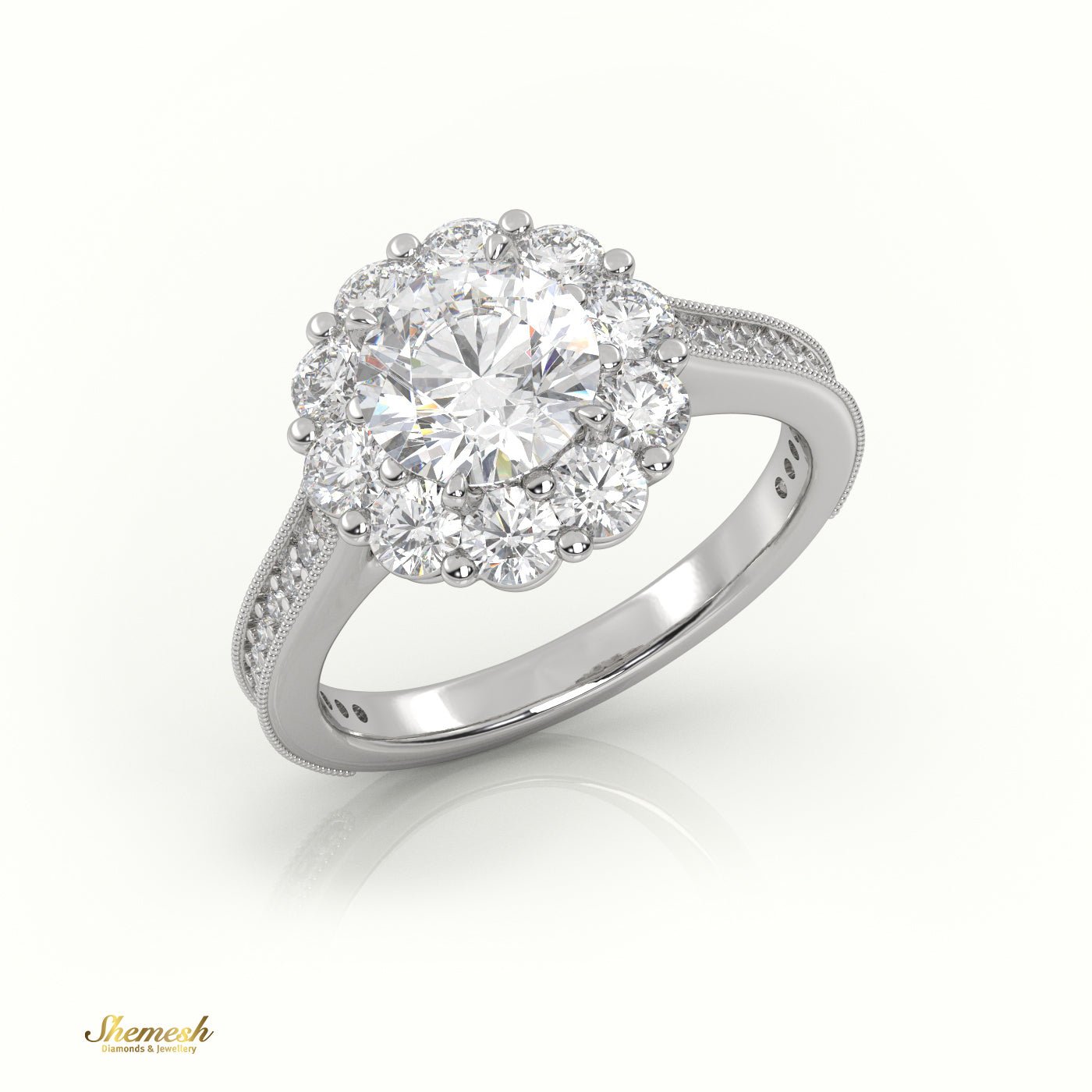 18K Gold Round Cut Diamond Floral Halo Engagement Ring with Milgrain Detail - shemesh_diamonds