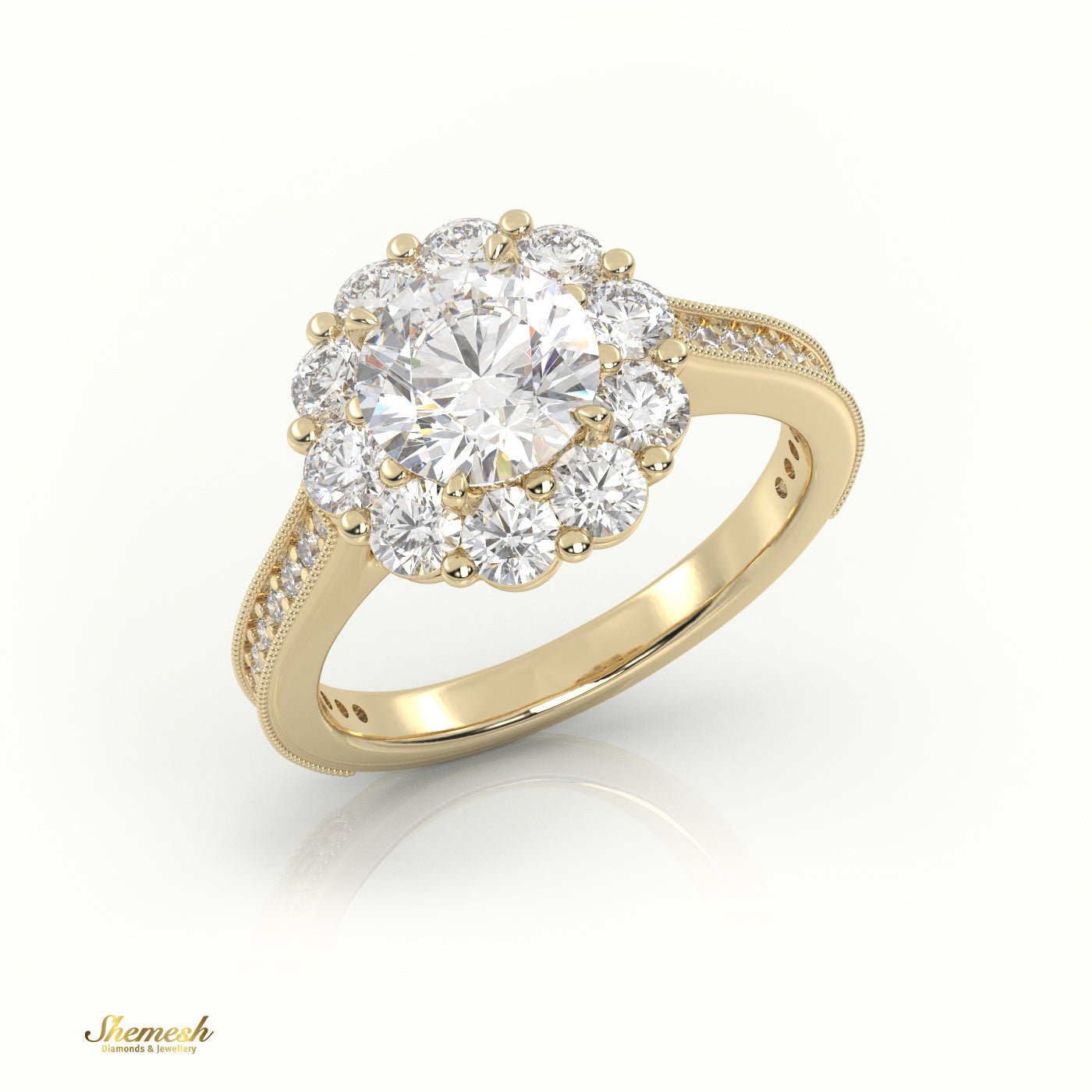 18K Gold Round Cut Diamond Floral Halo Engagement Ring with Milgrain Detail - shemesh_diamonds