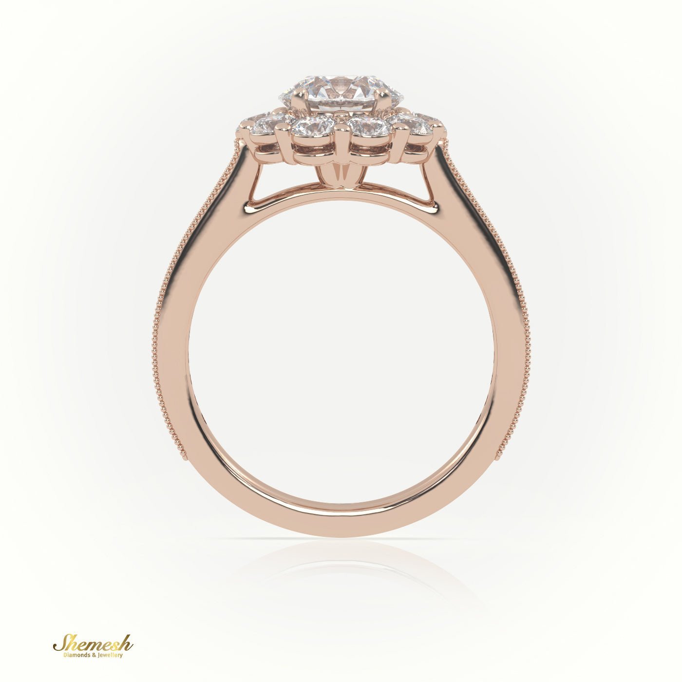 18K Gold Round Cut Diamond Floral Halo Engagement Ring with Milgrain Detail - shemesh_diamonds